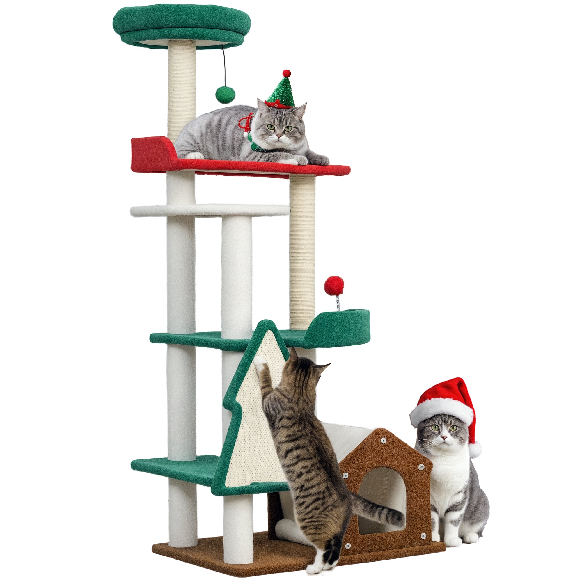 Christmas Colors Cat Tree, 135 cm Cat Tree with 6 Levels, Cat Scratching Tree with Cat Cave, Play Ball, Sisal Scratching Posts, for 1-2 Cats up to 5 kg, Multicolor