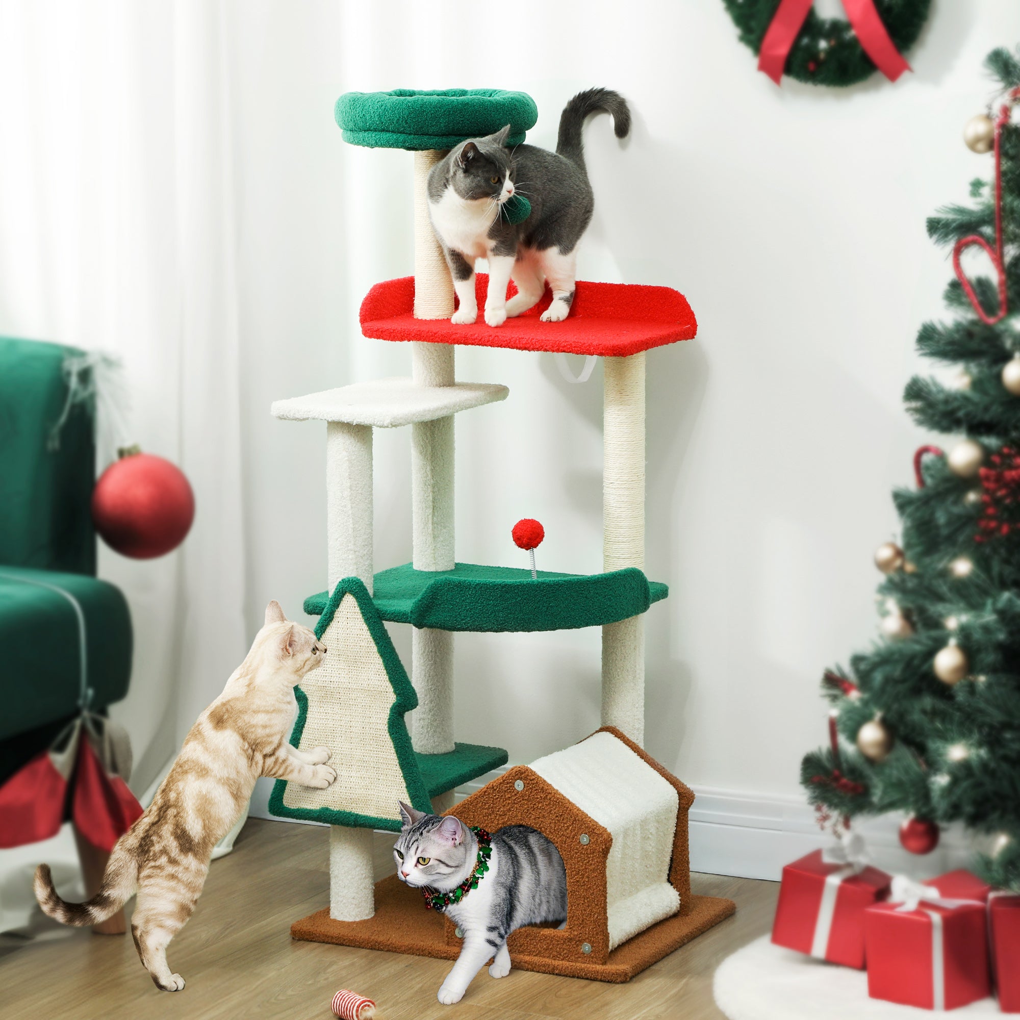 Christmas Colors Cat Tree, 135 cm Cat Tree with 6 Levels, Cat Scratching Tree with Cat Cave, Play Ball, Sisal Scratching Posts, for 1-2 Cats up to 5 kg, Multicolor
