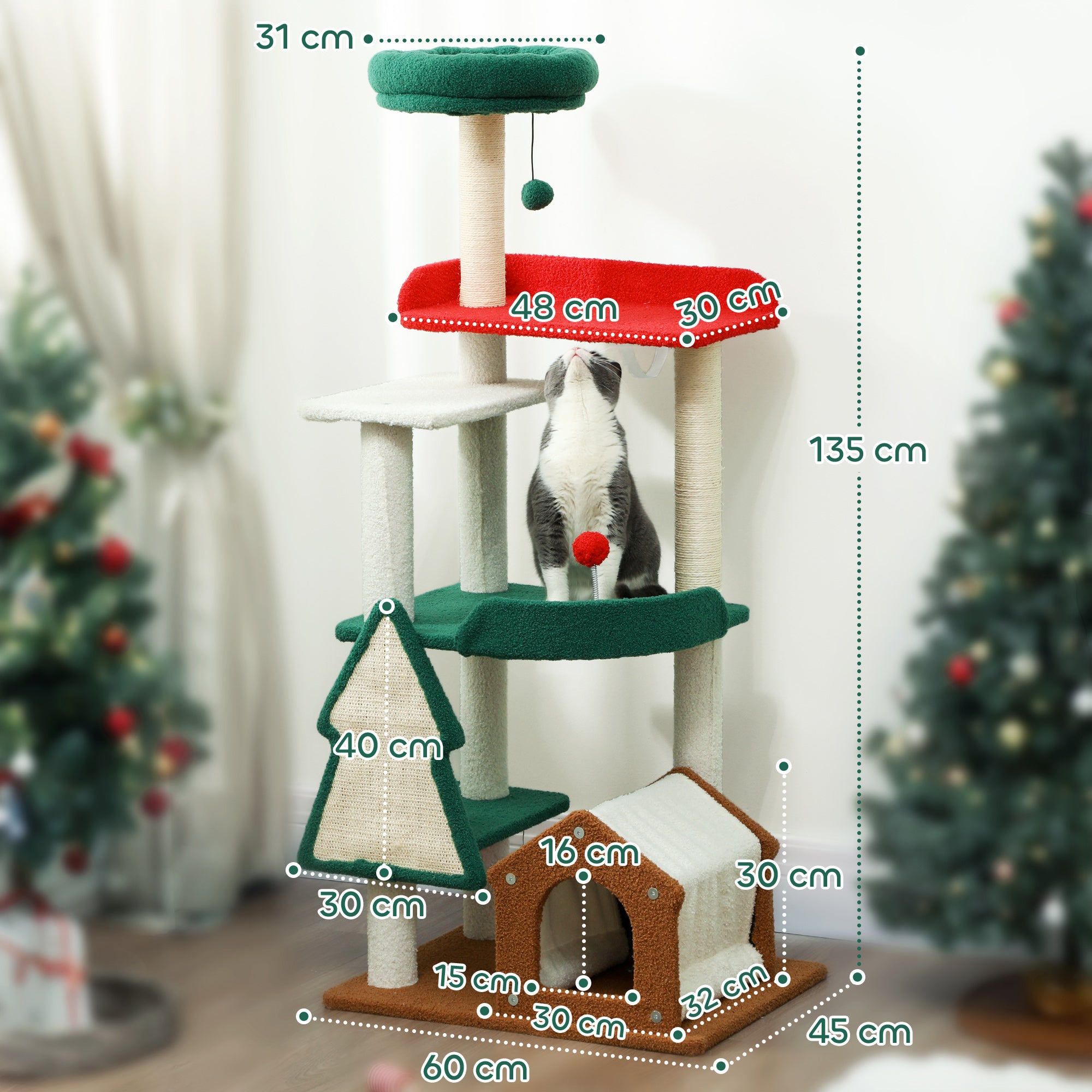 Christmas Colors Cat Tree, 135 cm Cat Tree with 6 Levels, Cat Scratching Tree with Cat Cave, Play Ball, Sisal Scratching Posts, for 1-2 Cats up to 5 kg, Multicolor