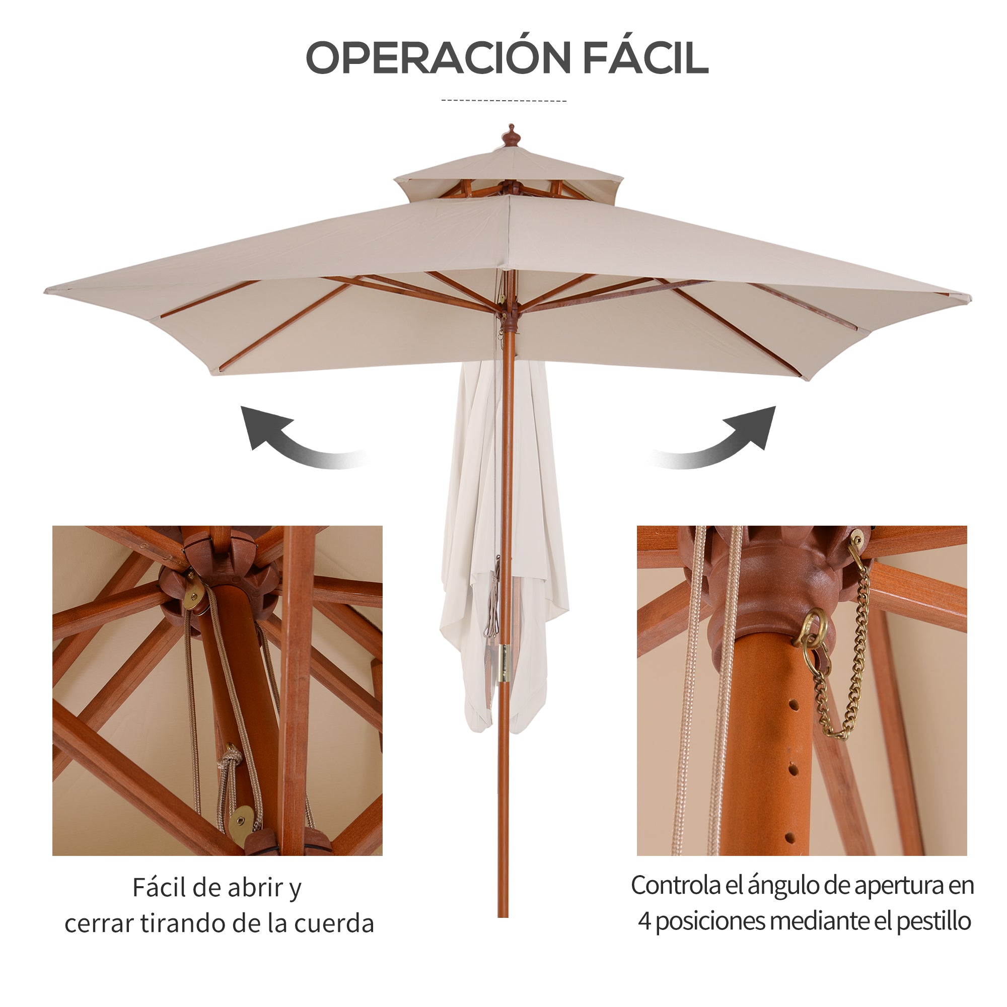 Garden Umbrella 3x3x3 m Bamboo Garden Parasol with Double Roof Pulley System Waterproof for Terrace Balcony Outdoor Beige