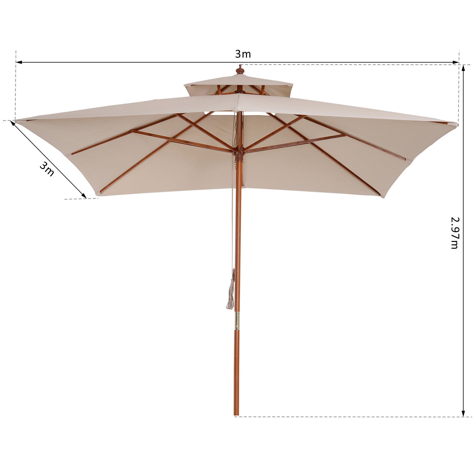 Garden Umbrella 3x3x3 m Bamboo Garden Parasol with Double Roof Pulley System Waterproof for Terrace Balcony Outdoor Beige