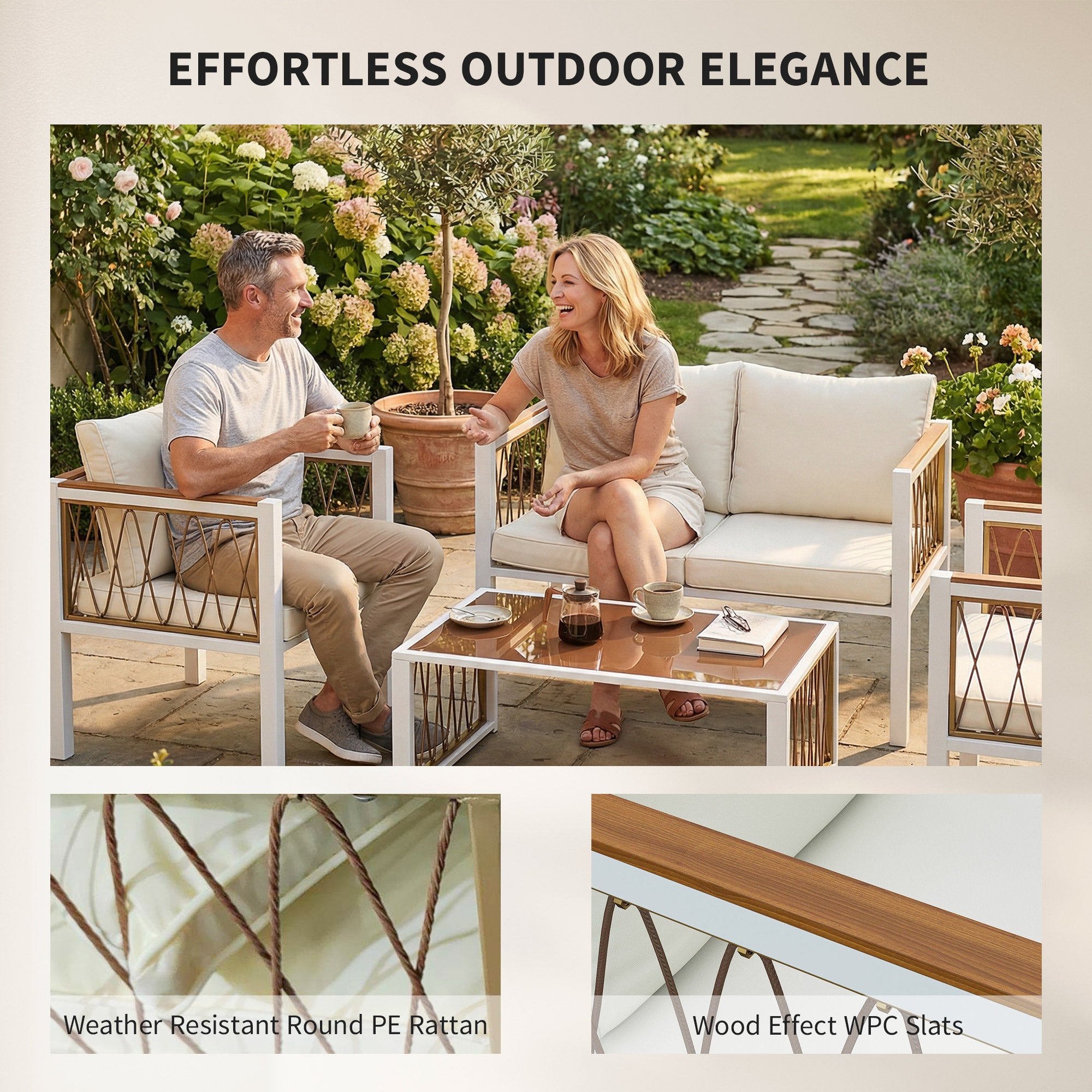 4-Piece Outdoor Rattan Lounge Set — Loveseat, 2 Armchairs & Glass Coffee Table, Removable Cushions, Non-Slip Pads, Balcony/Garden Seating for 4, Cream White