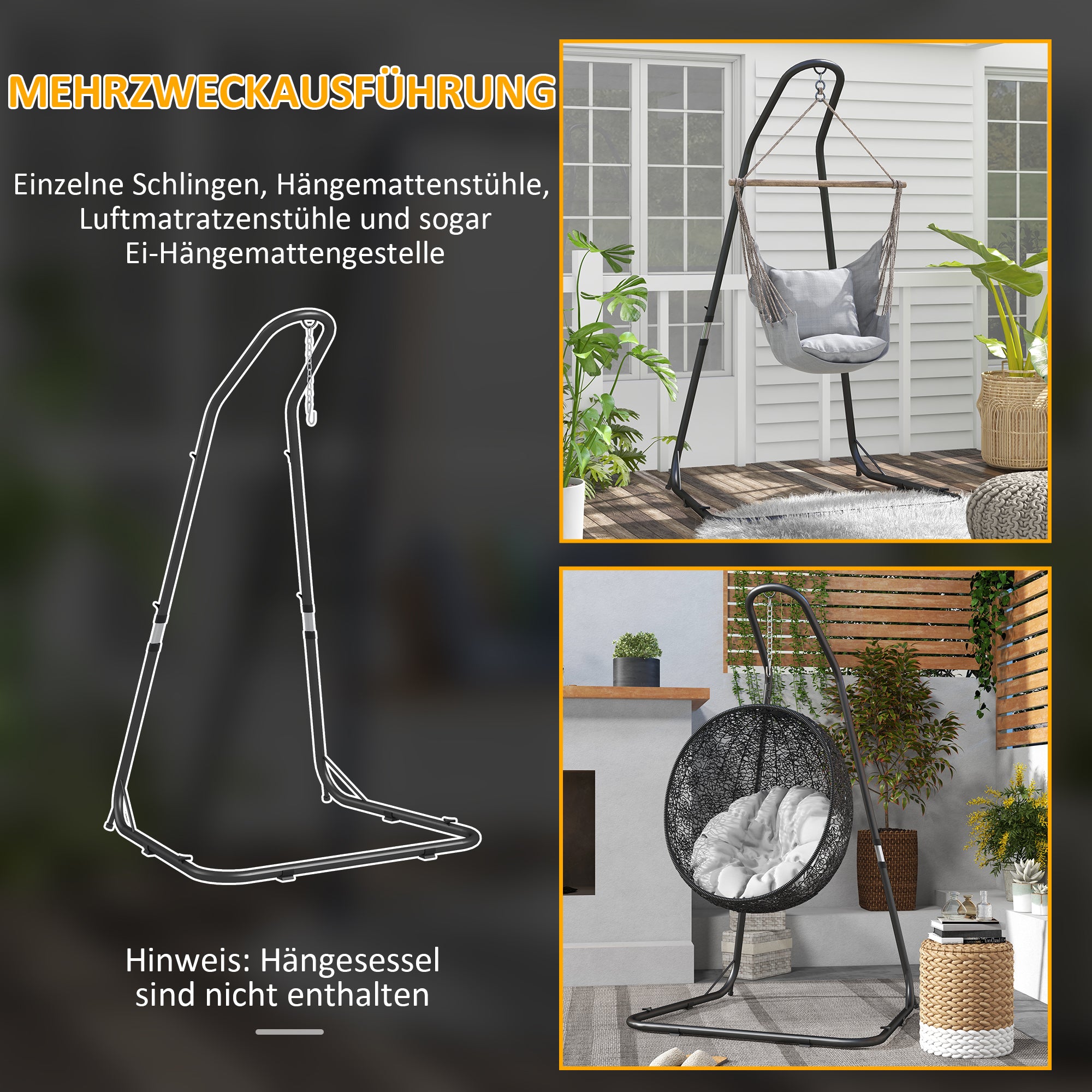 Hanging Chair Stand Hammock Chair Stand Height Adjustable Stand for Hanging Chair up to 150 kg Load Capacity for Garden, Balcony, Metal, Black, 133 x 116 x 195/230 cm