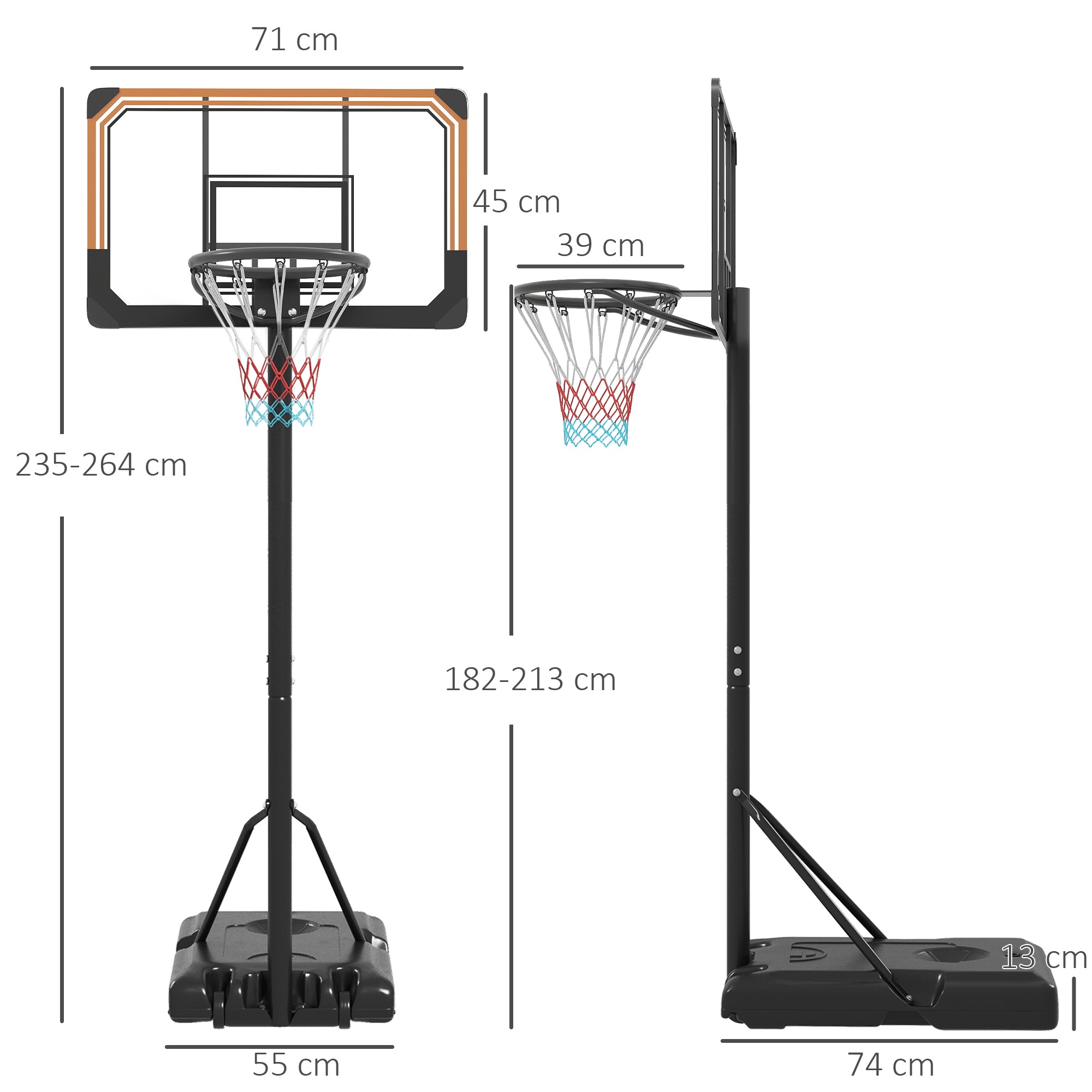 SPORTNOW Basketball Hoop Outdoor with Stand, 182-213 cm Height Adjustable Basketball Stand with Wheels, Stand Base with Water Sand, Basketball System for Teenagers, Adults, in Backyards, Gardens