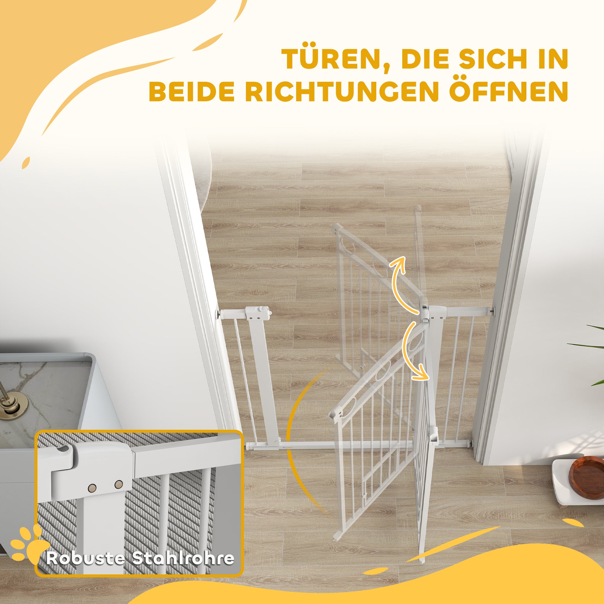 Door Guard for Dogs, 76-104 cm Barrier Gate without Drilling, Stair Gate made of Steel, Stair Protection Gate with Cat Door, Safety Gate for Stairs, Doors, Hallways, White