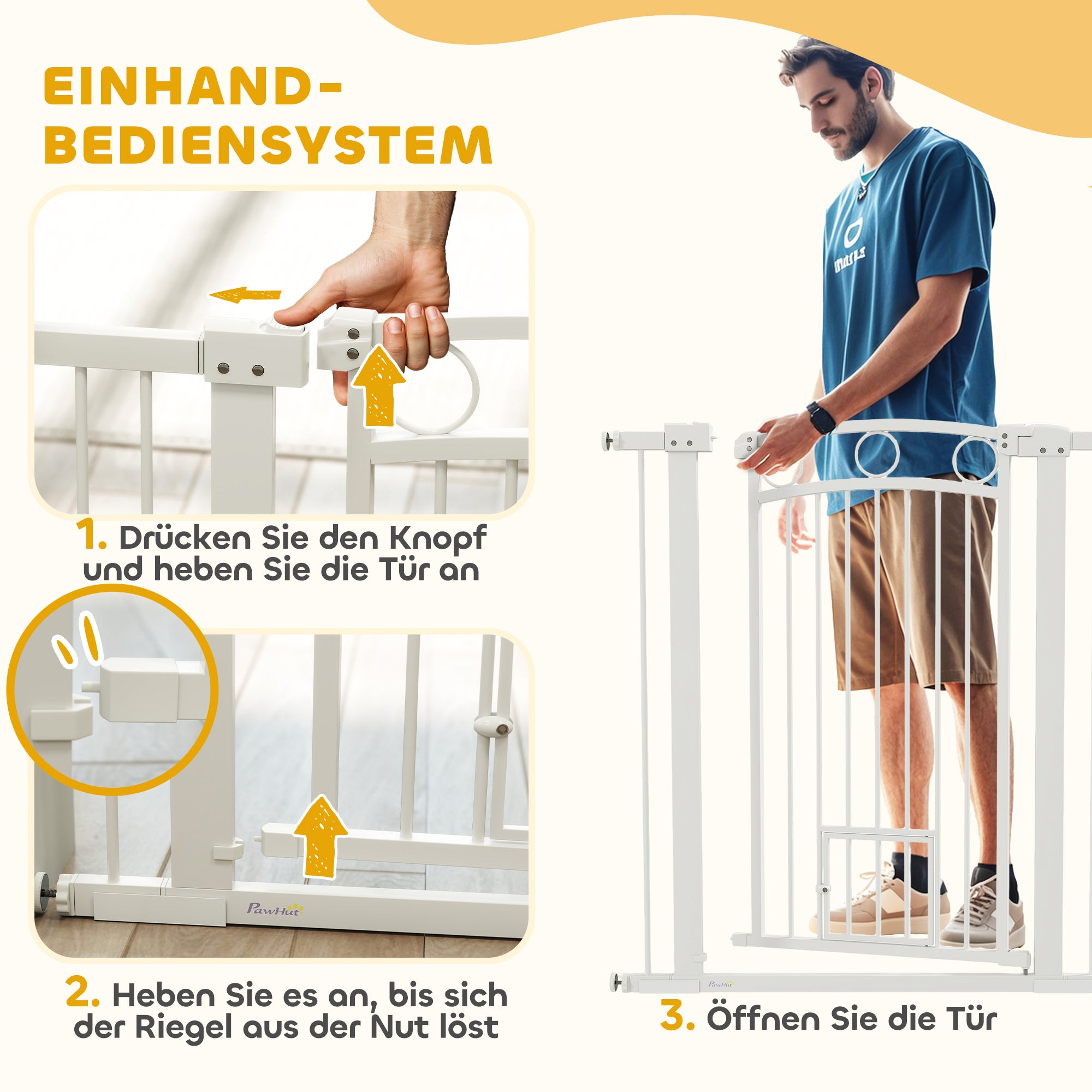 Door Guard for Dogs, 76-104 cm Barrier Gate without Drilling, Stair Gate made of Steel, Stair Protection Gate with Cat Door, Safety Gate for Stairs, Doors, Hallways, White