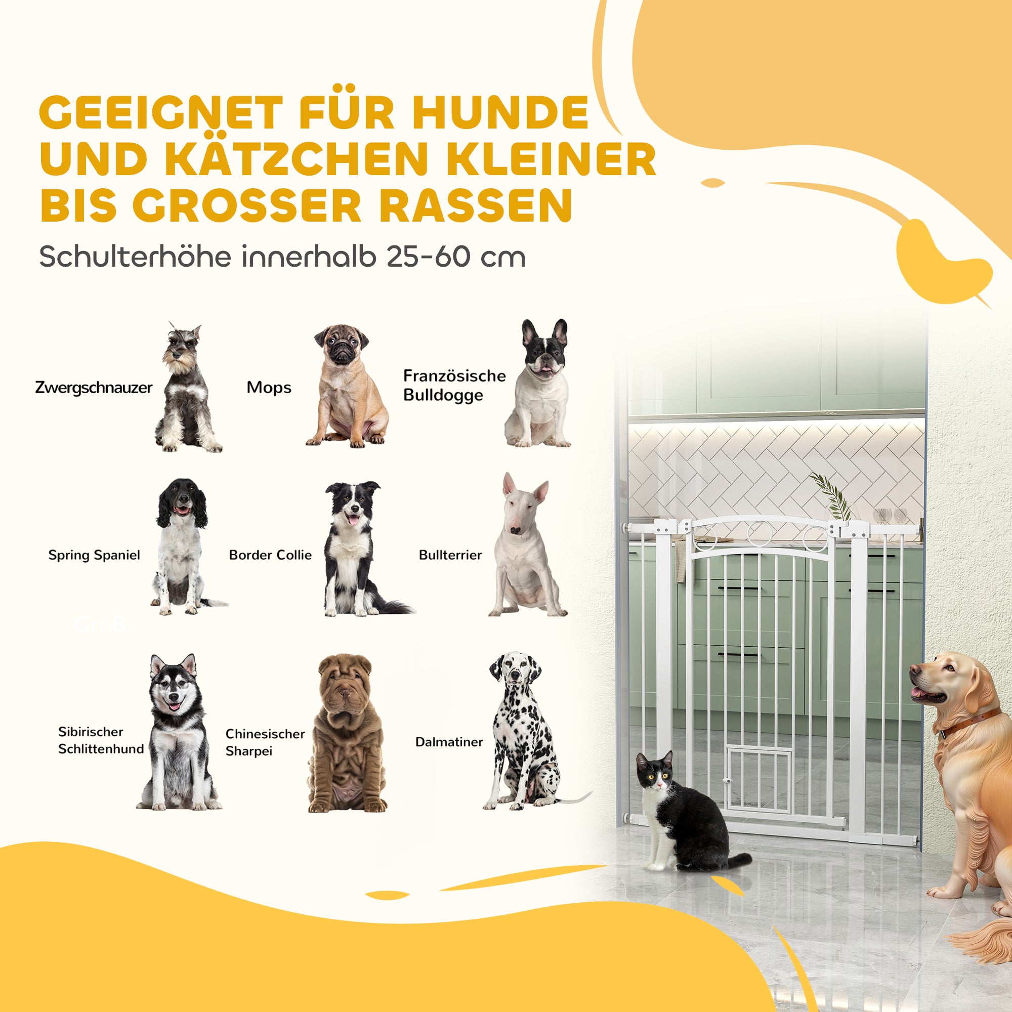 Door Guard for Dogs, 76-104 cm Barrier Gate without Drilling, Stair Gate made of Steel, Stair Protection Gate with Cat Door, Safety Gate for Stairs, Doors, Hallways, White