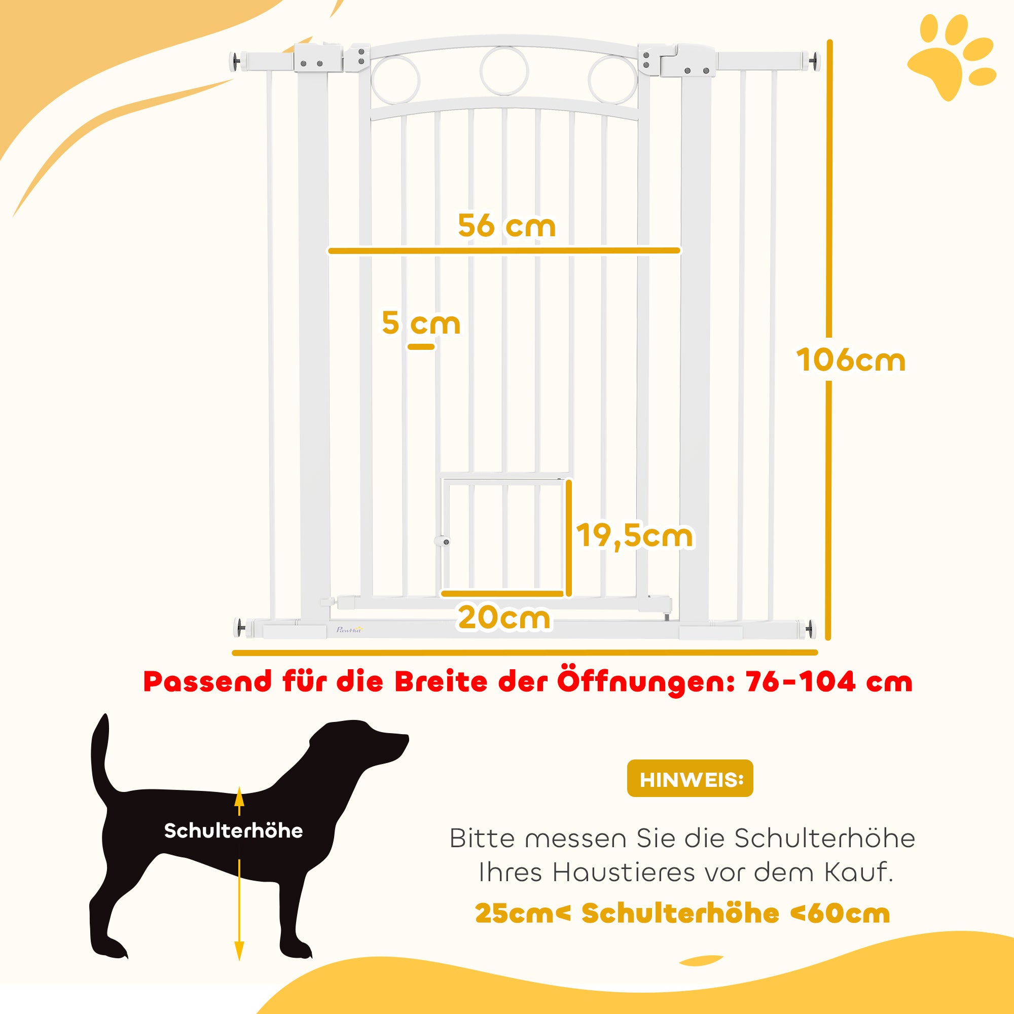 Door Guard for Dogs, 76-104 cm Barrier Gate without Drilling, Stair Gate made of Steel, Stair Protection Gate with Cat Door, Safety Gate for Stairs, Doors, Hallways, White