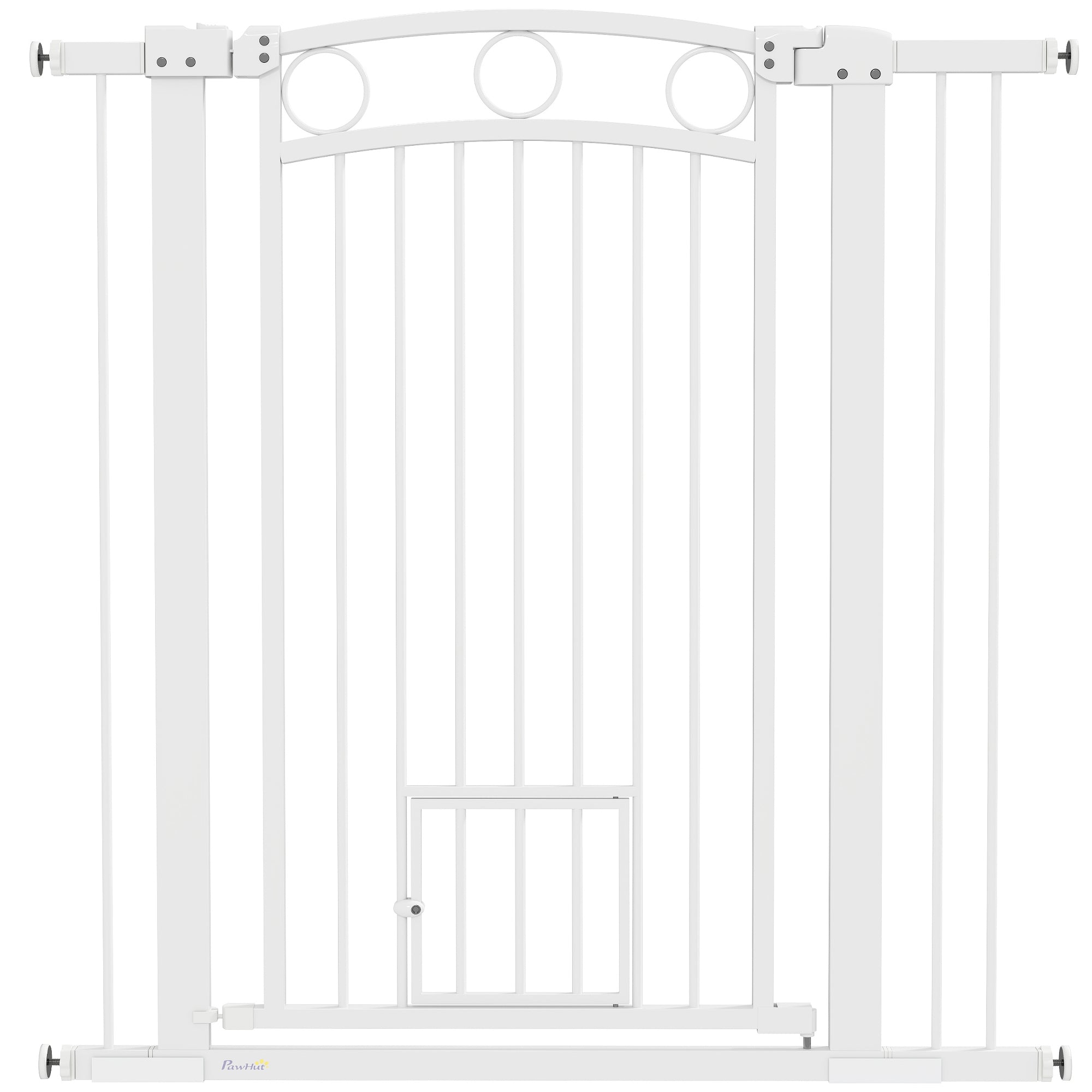 Door Guard for Dogs, 76-104 cm Barrier Gate without Drilling, Stair Gate made of Steel, Stair Protection Gate with Cat Door, Safety Gate for Stairs, Doors, Hallways, White