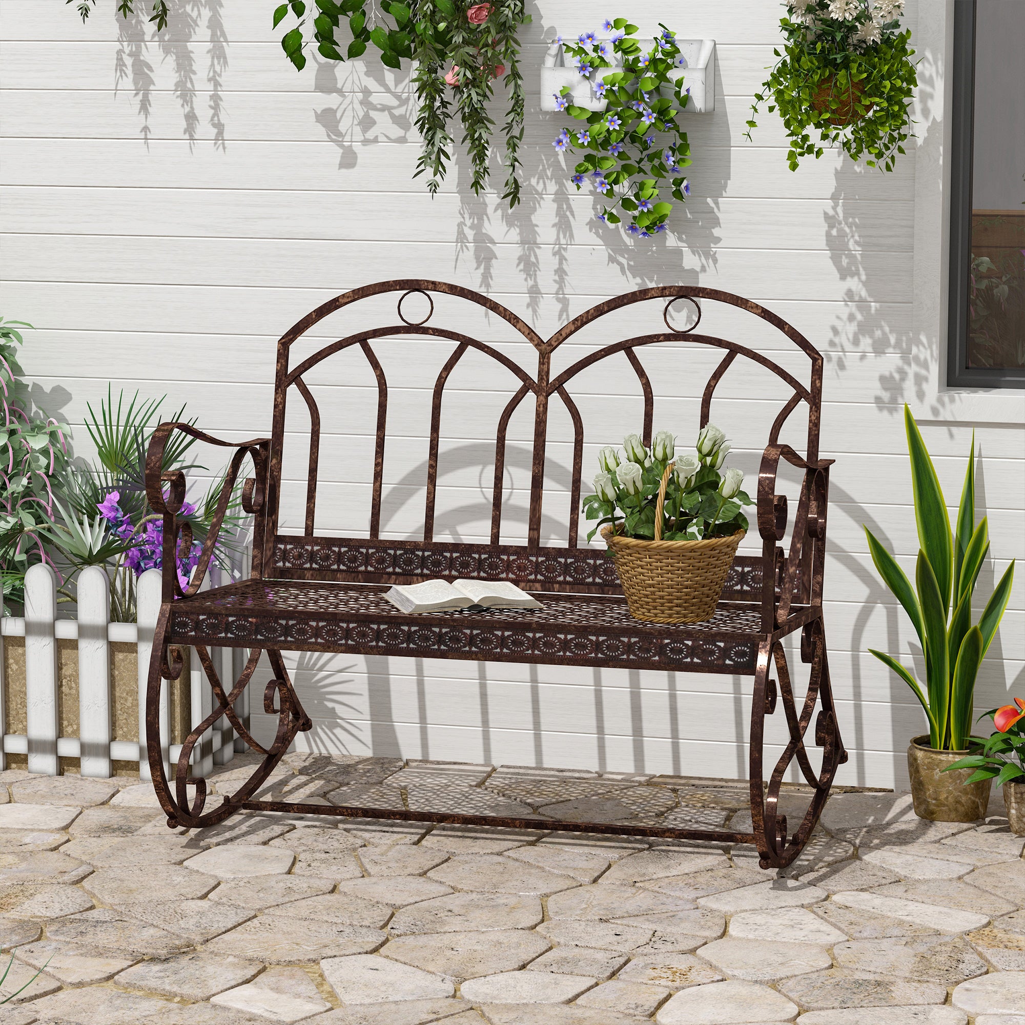 Garden Bench Rocking Chair Park Bench Seat Bench 2-Seater Metal (Modell3/ Bronze-Red)
