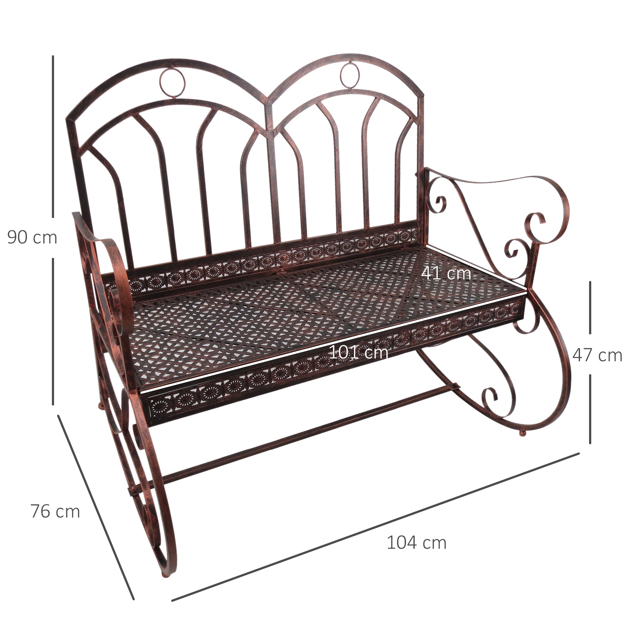 Garden Bench Rocking Chair Park Bench Seat Bench 2-Seater Metal (Modell3/ Bronze-Red)