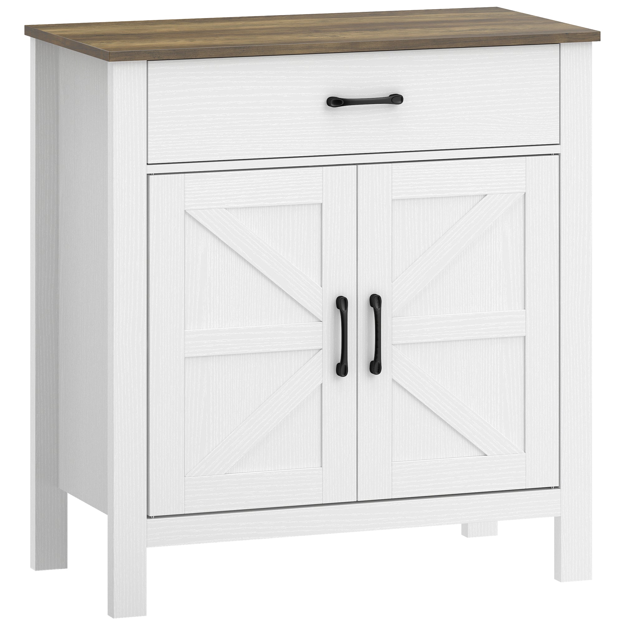Sideboard, Storage Cabinet with 2 Barn Doors, Drawer & Adjustable Shelf, Rustic Style Buffet for Dining Room & Kitchen, 30.3 x 15.5 x 32.1 in, White and Brown