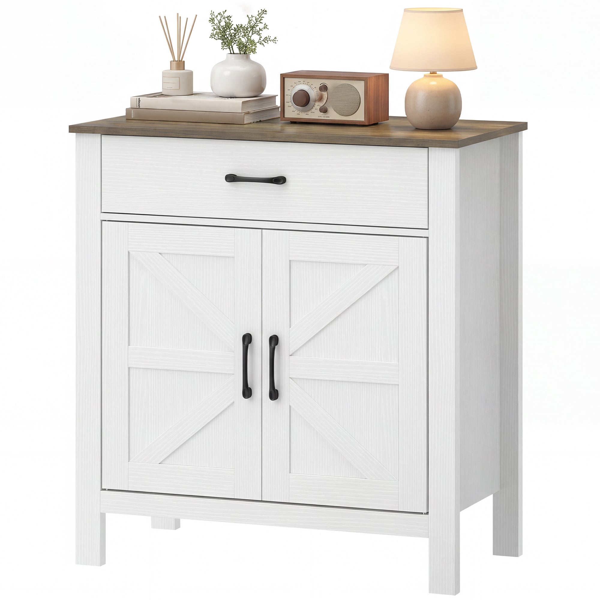 Sideboard, Storage Cabinet with 2 Barn Doors, Drawer & Adjustable Shelf, Rustic Style Buffet for Dining Room & Kitchen, 30.3 x 15.5 x 32.1 in, White and Brown