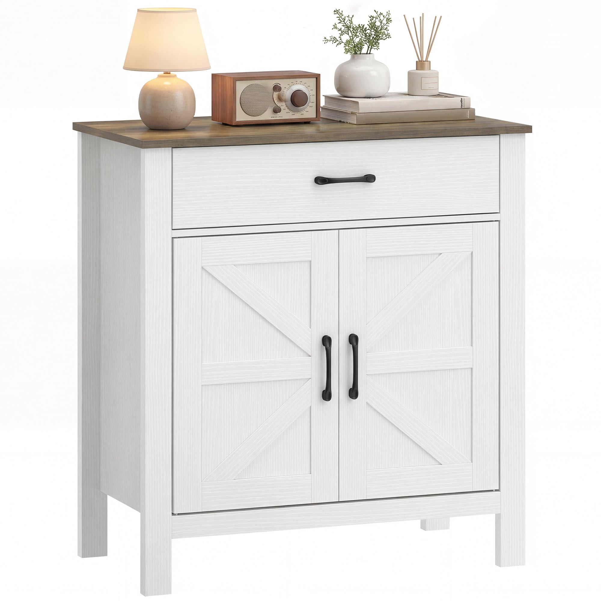 Sideboard, Storage Cabinet with 2 Barn Doors, Drawer & Adjustable Shelf, Rustic Style Buffet for Dining Room & Kitchen, 30.3 x 15.5 x 32.1 in, White and Brown