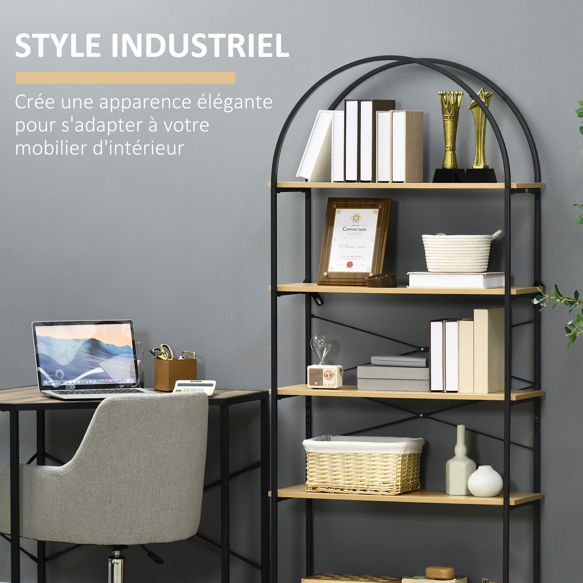 5-tier Storage Shelf Bookcase high rounded arch industrial-style - 80 x 28 x 179 cm natural black