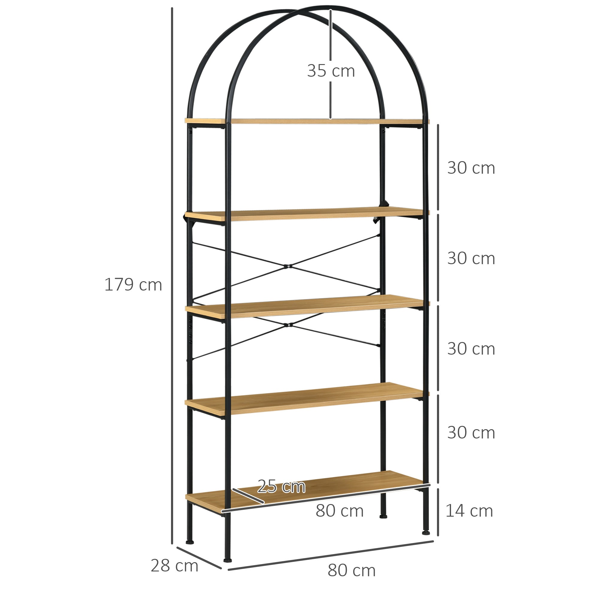 5-tier Storage Shelf Bookcase high rounded arch industrial-style - 80 x 28 x 179 cm natural black