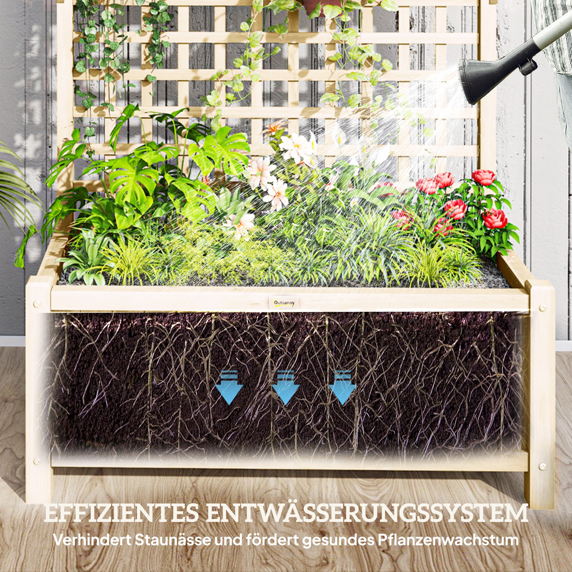 Raised Planter Box with Trellis & Roof, Wooden Garden Planter for Climbing Plants, 90 x 45 x 183 cm (35.4" x 17.7" x 72.0")