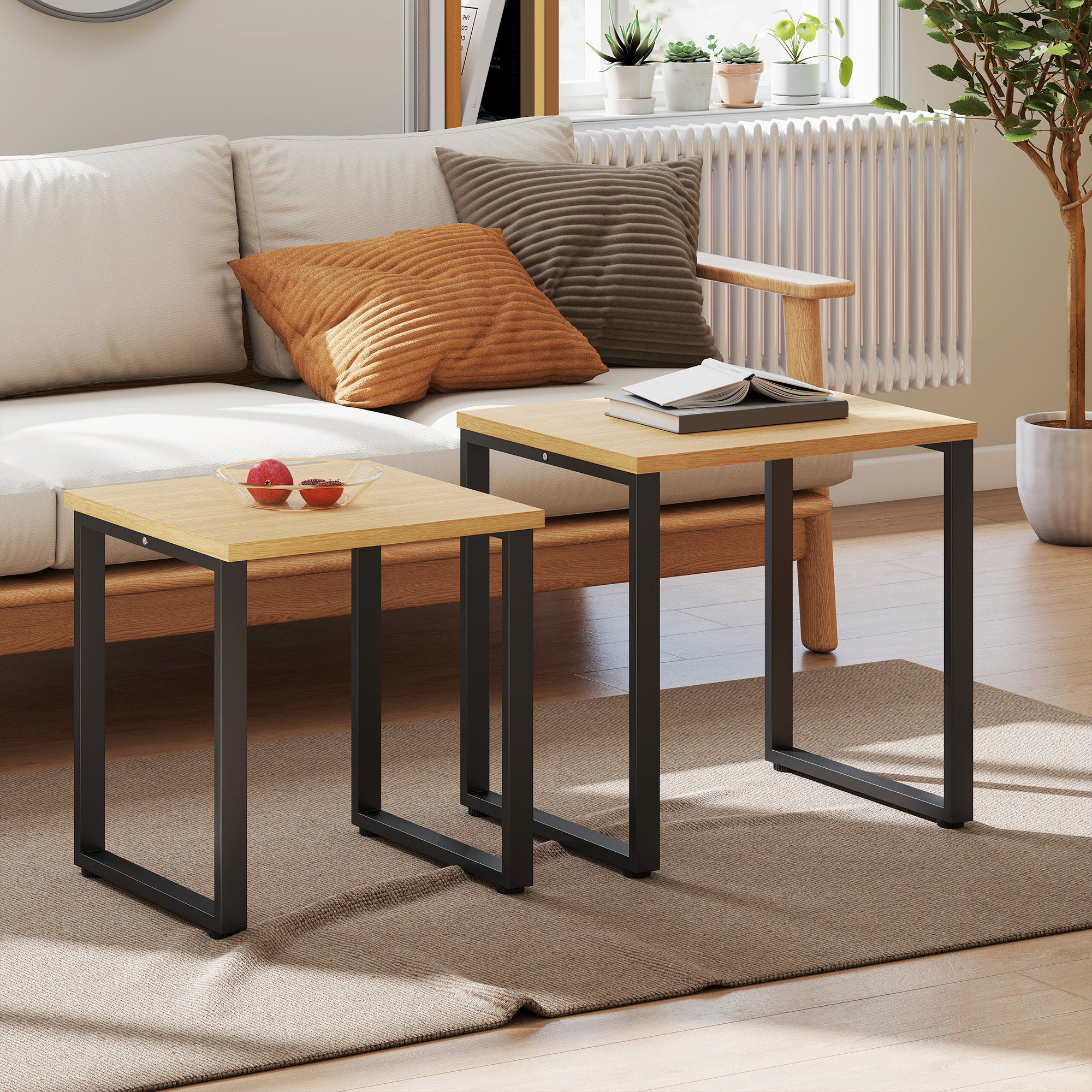 2-Piece Nesting Coffee Table Set with Metal Frame, Natural Wood Finish