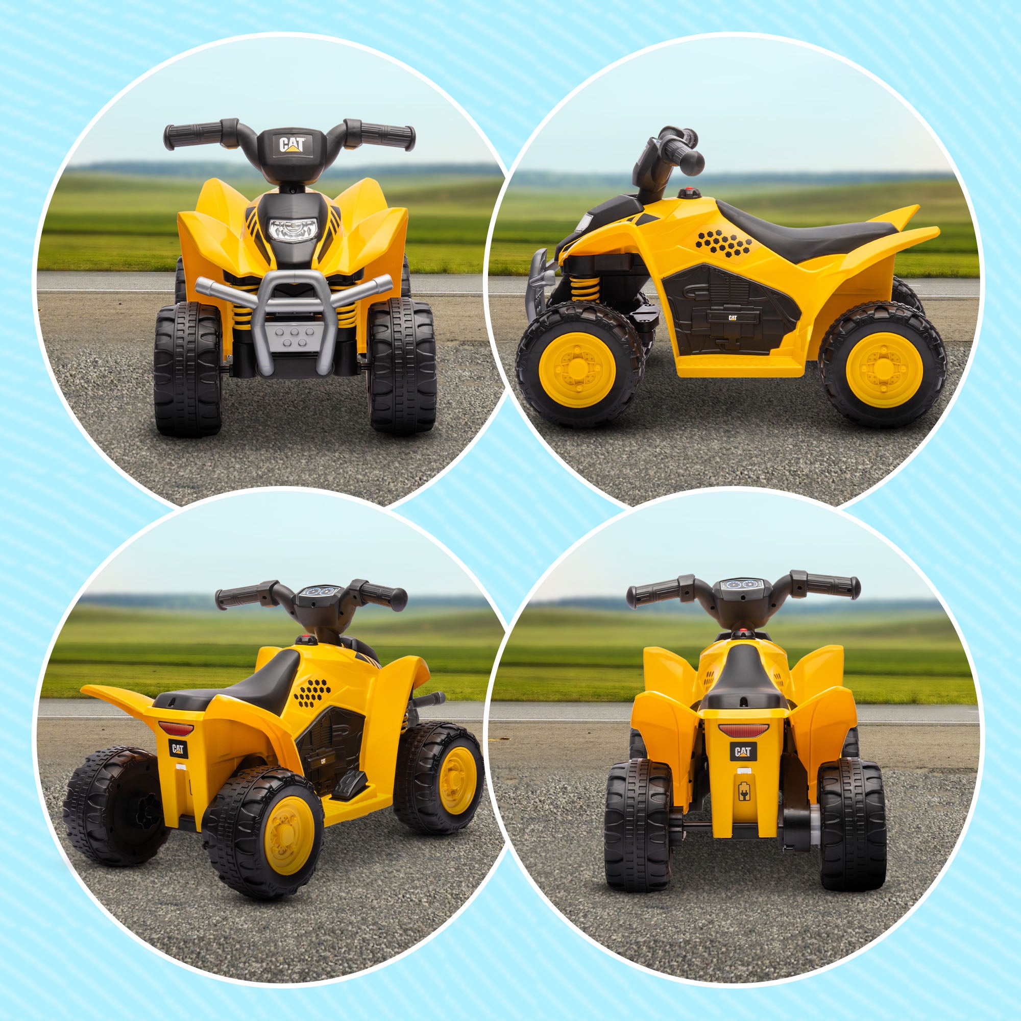 Electric Kids Quad 18-36 Months 6V Caterpillar License with Horn and Headlights, 4-Wheel PP and Metal Bike, Yellow