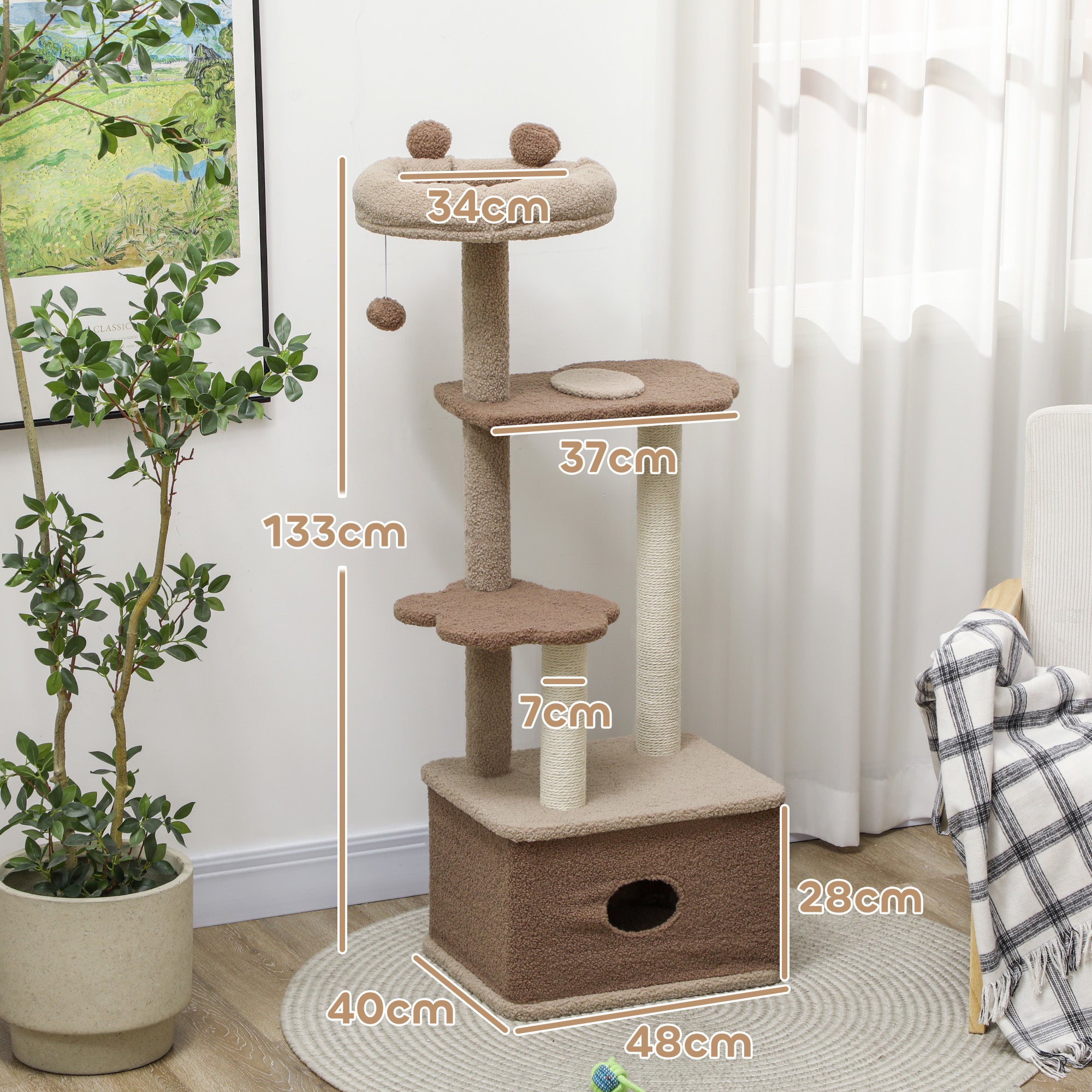 Cat Scratching Tree Height 133 cm Cat Tree Tower with Nest Platforms Hanging Ball and Jute Post Brown