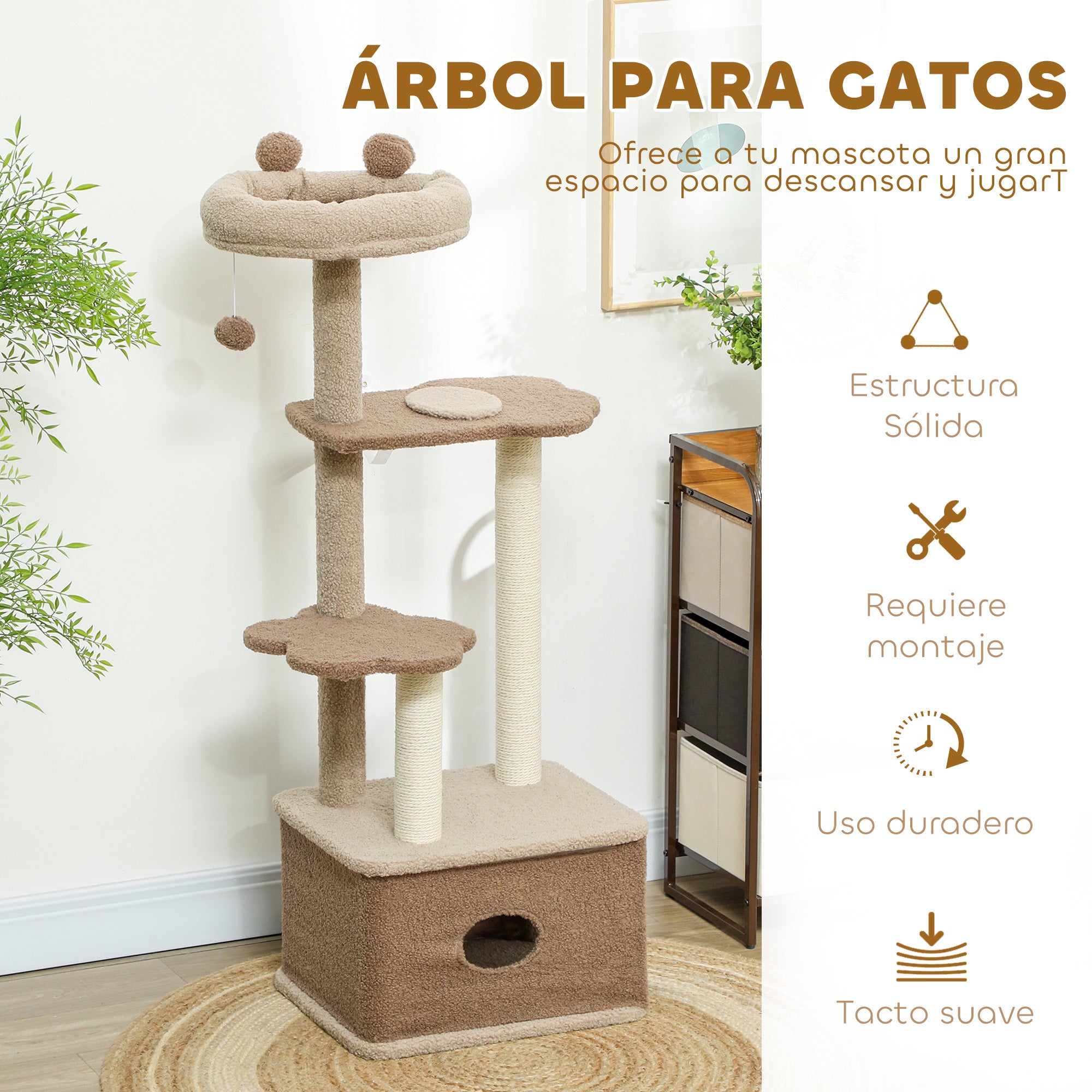 Cat Scratching Tree Height 133 cm Cat Tree Tower with Nest Platforms Hanging Ball and Jute Post Brown