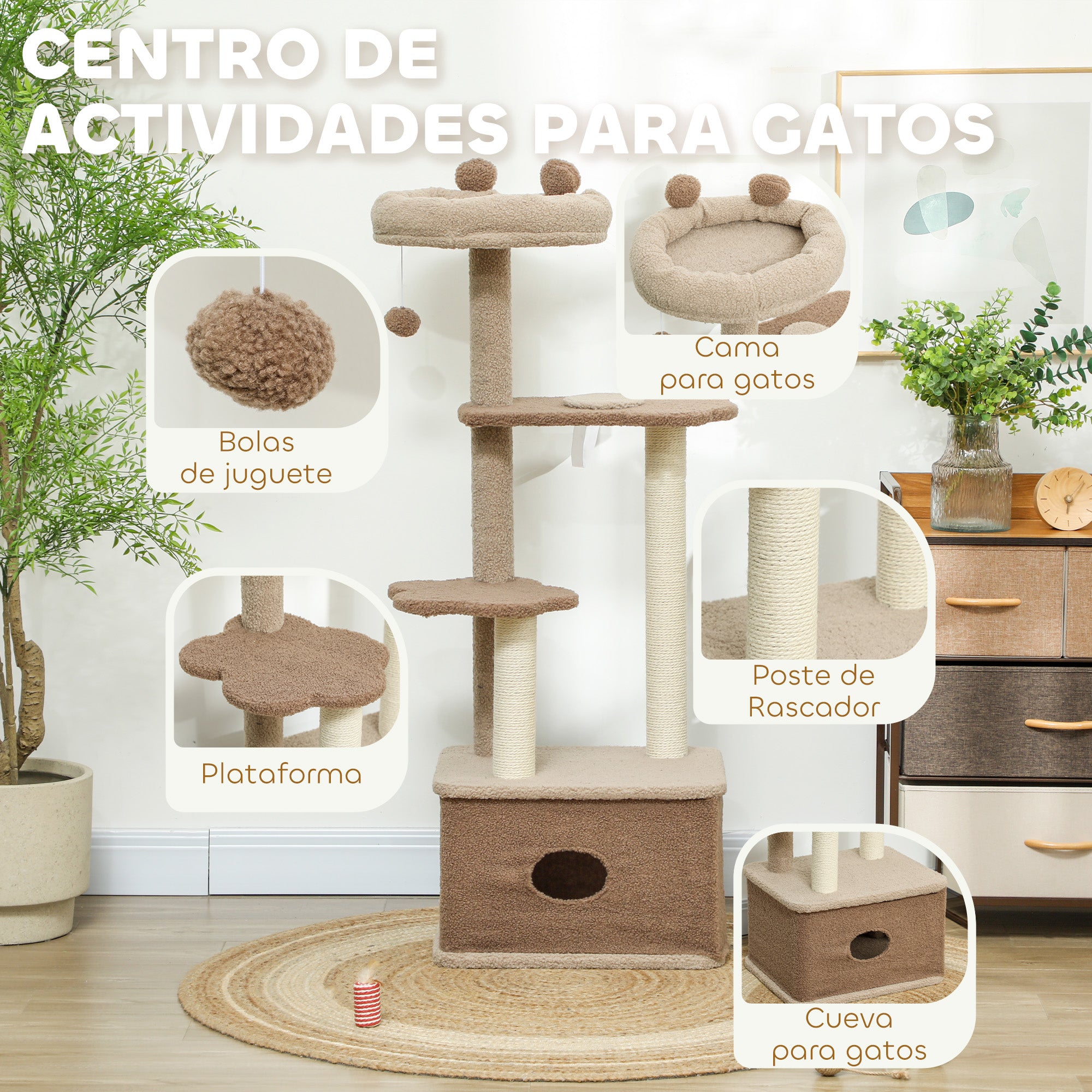 Cat Scratching Tree Height 133 cm Cat Tree Tower with Nest Platforms Hanging Ball and Jute Post Brown