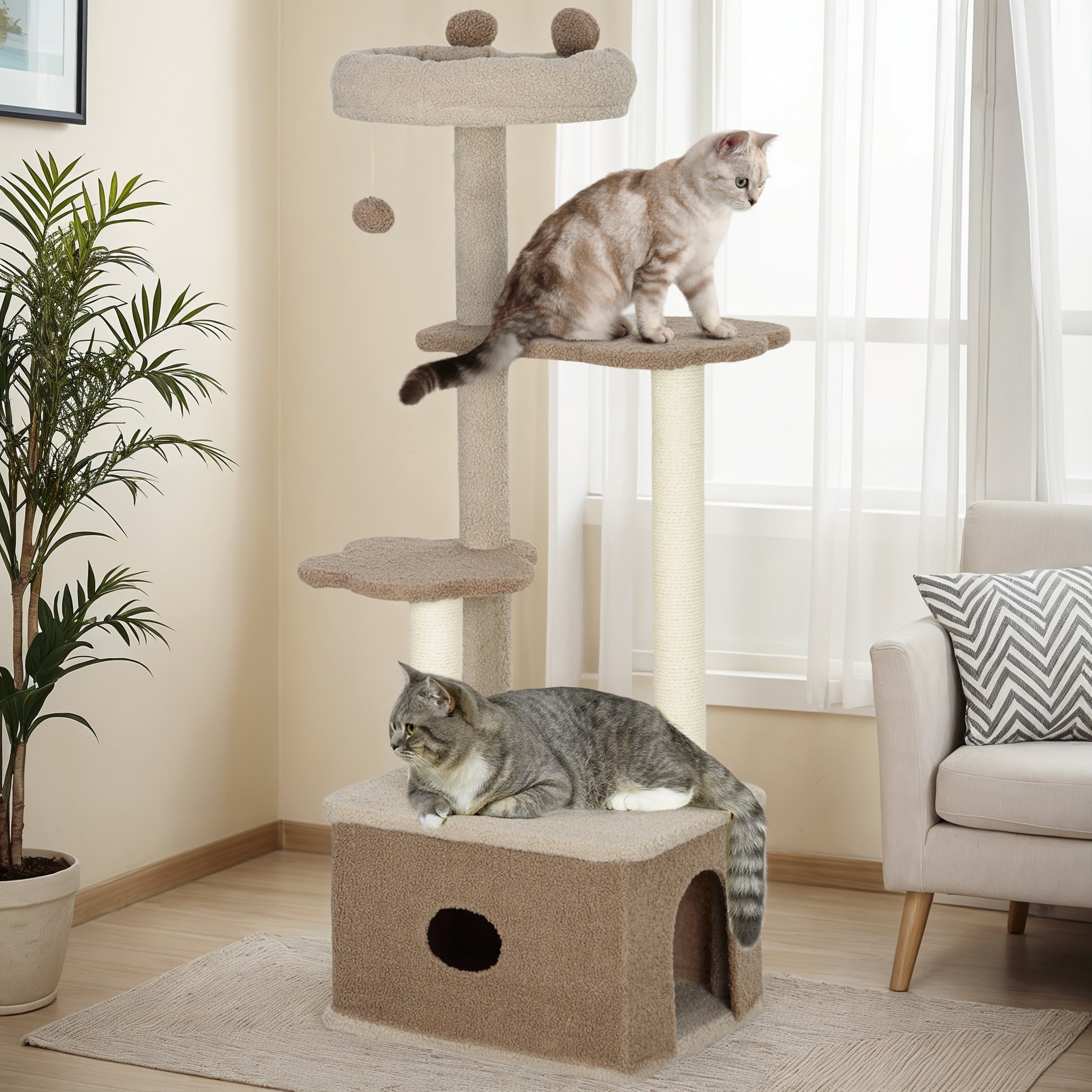 Cat Scratching Tree Height 133 cm Cat Tree Tower with Nest Platforms Hanging Ball and Jute Post Brown