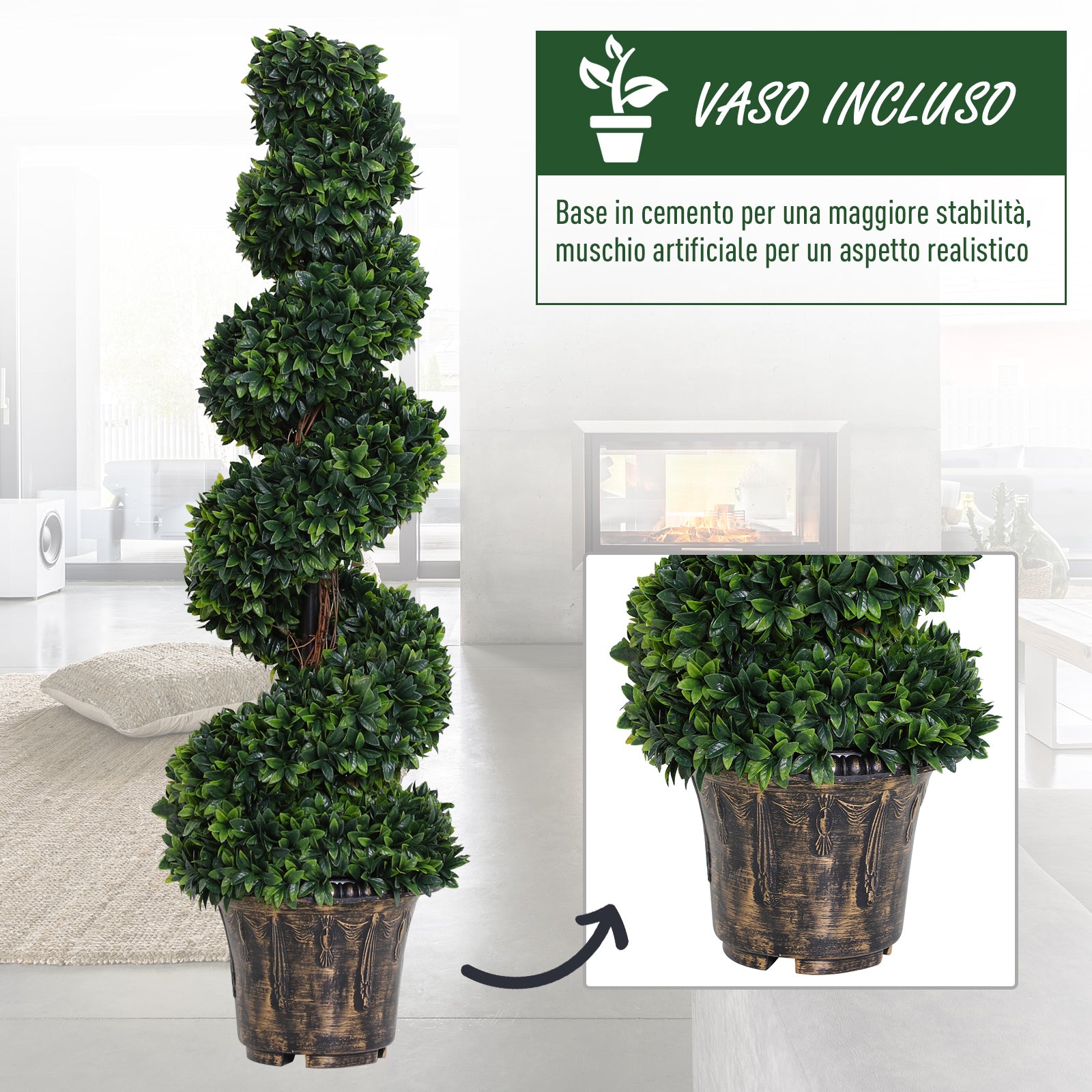 Artificial Spiral Boxwood Plant (Ø32cm x 120cm), Green Decor for Indoor and Outdoor, with Included Pot