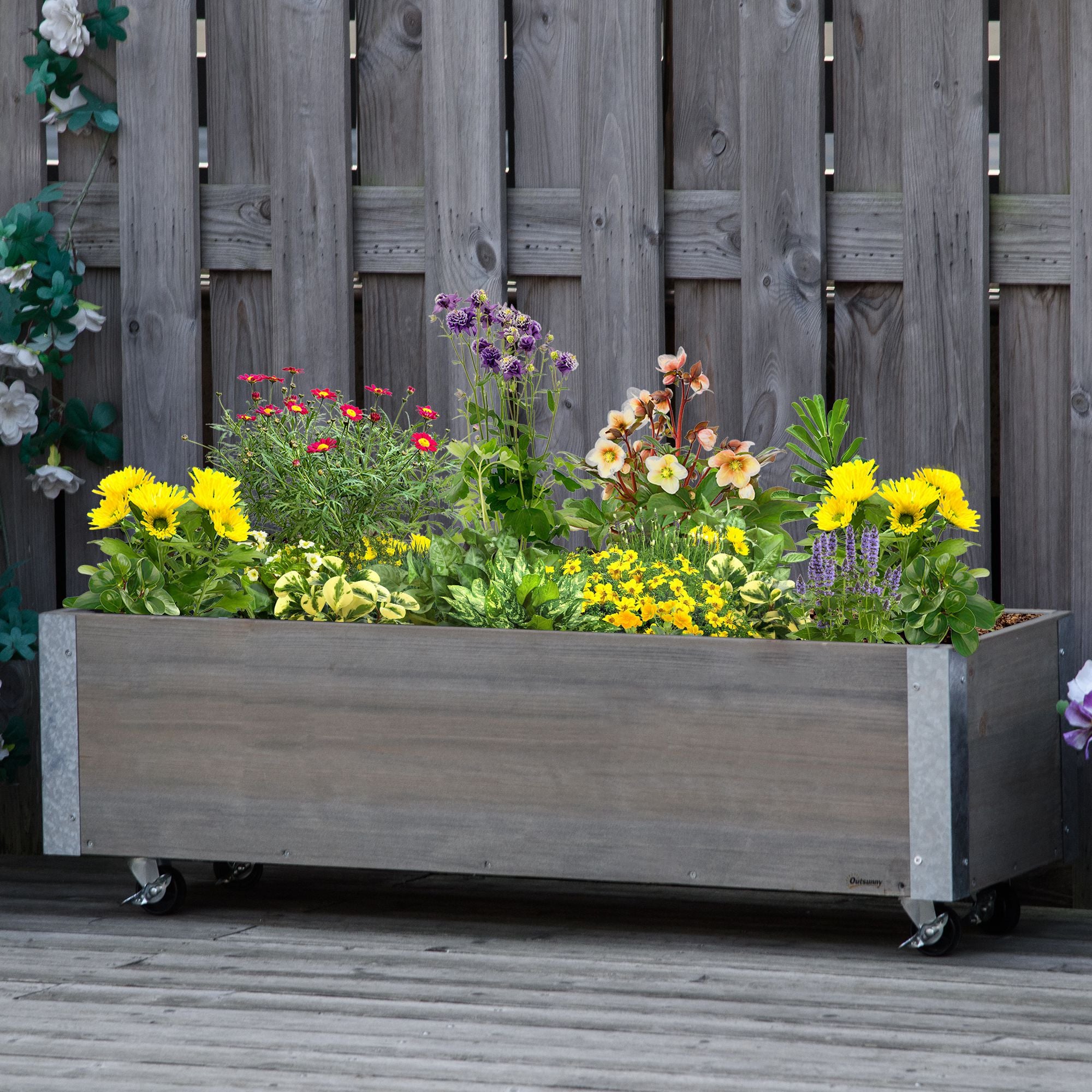 Large Outdoor Planter with Wheels Wooden Planter with Non-Woven Fabric Planter and Drainage System for Growing Flowers Plants on Balcony Terrace 96x30.6x30 cm Light Gray