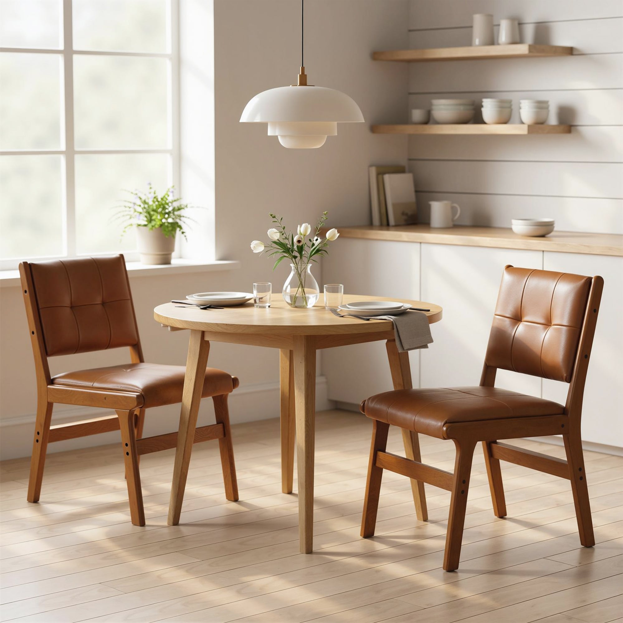 Set of 2 Dining Chairs, Modern PU Upholstered Kitchen Chairs, Padded Seat, Wooden Legs, Brown
