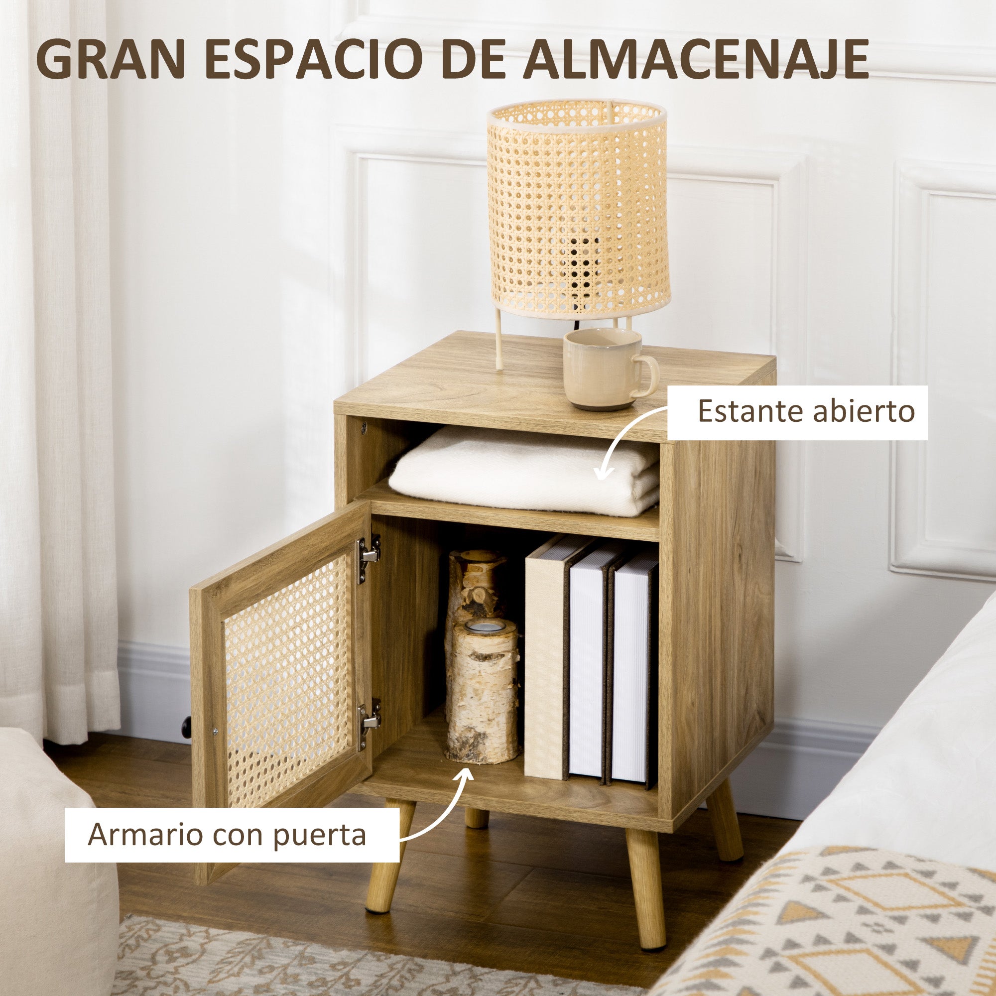 Set of 2 Bedside Tables with Rattan Door Nightstands with Open Shelf Side Tables for Bedroom Living Room 39x35x60 cm Natural