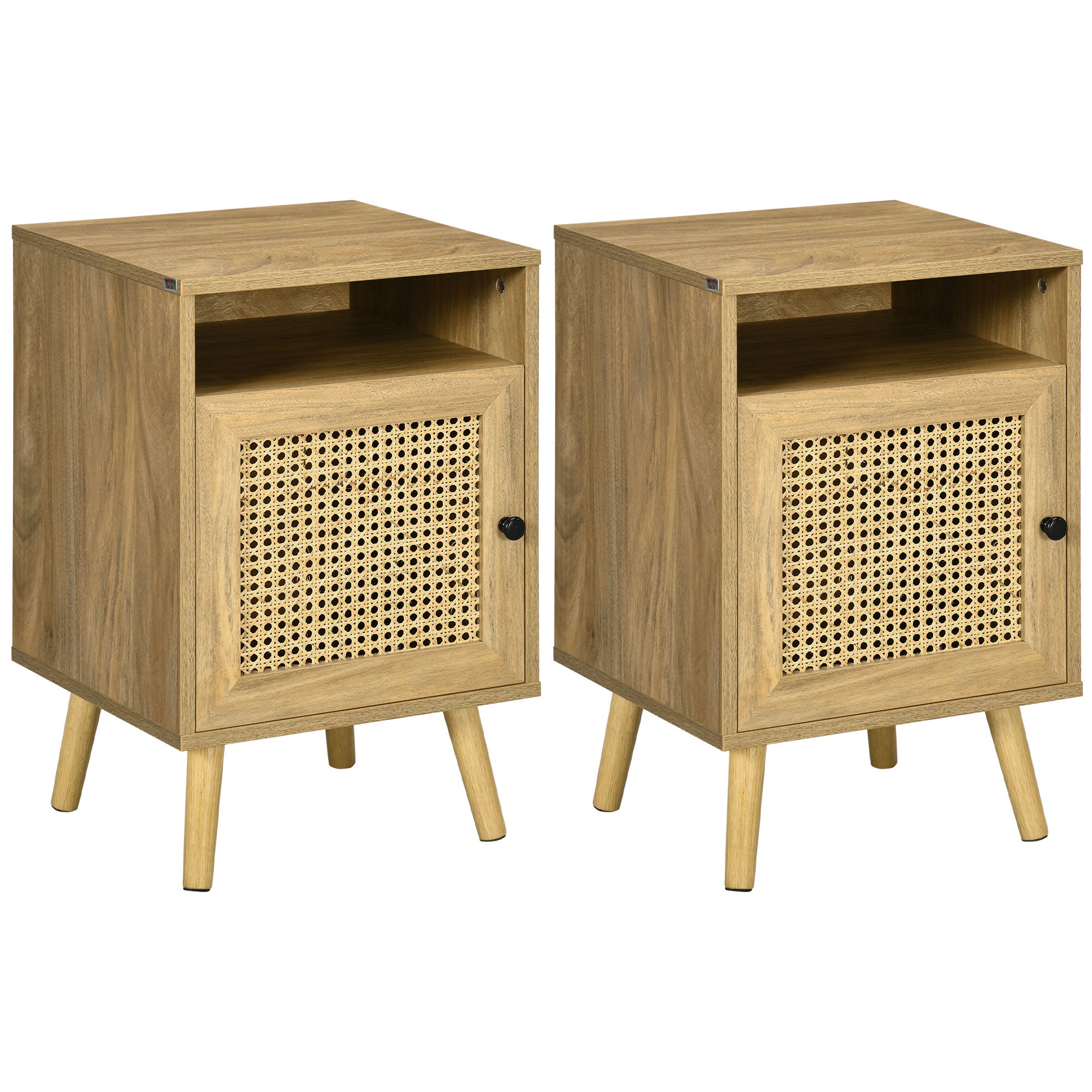 Set of 2 Bedside Tables with Rattan Door Nightstands with Open Shelf Side Tables for Bedroom Living Room 39x35x60 cm Natural