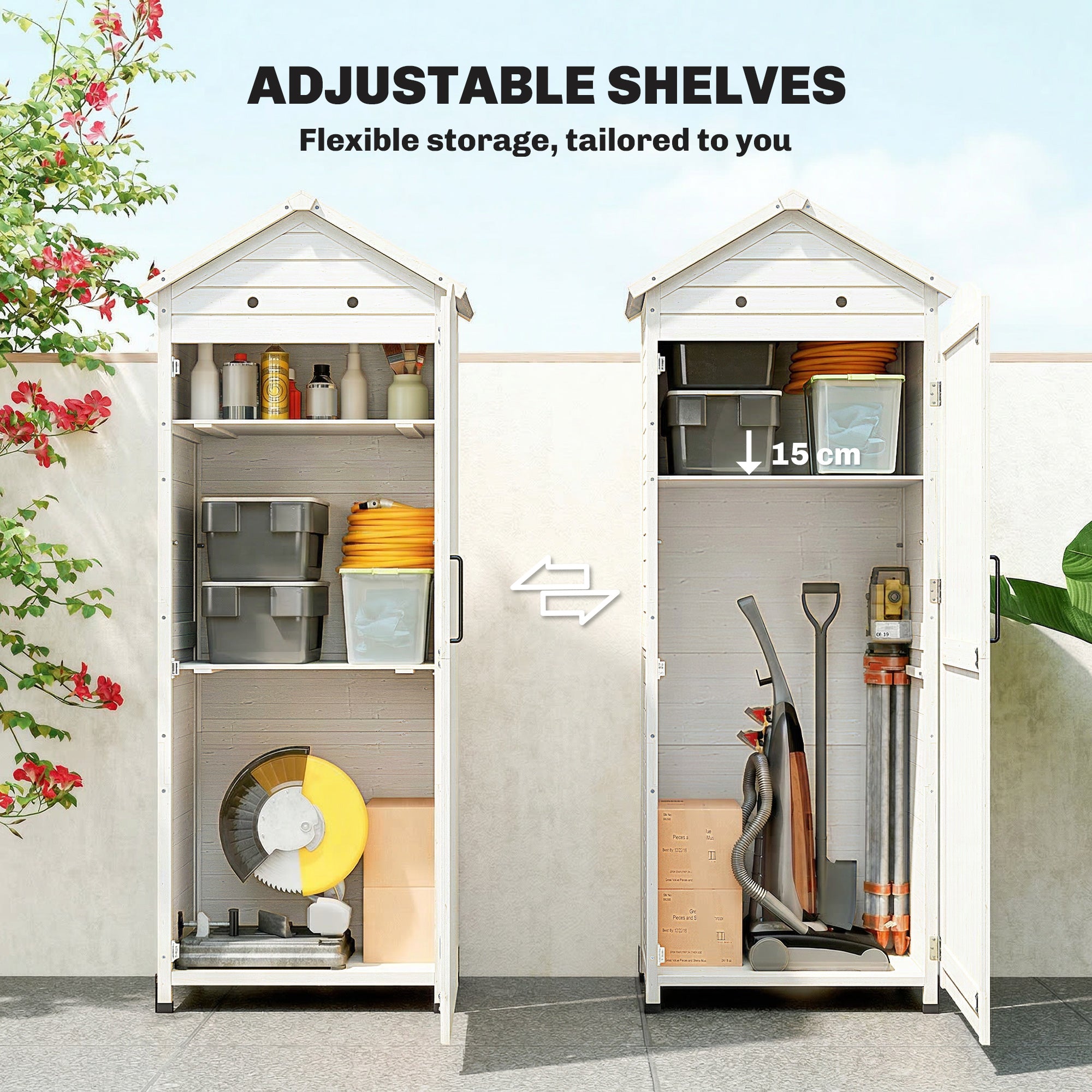 Tall Pine Garden Storage Cabinet with Adjustable Shelves, Magnetic Door & Galvanized Roof, 85 x 58 x 213 cm (33.5 x 22.8 x 84 in) — White