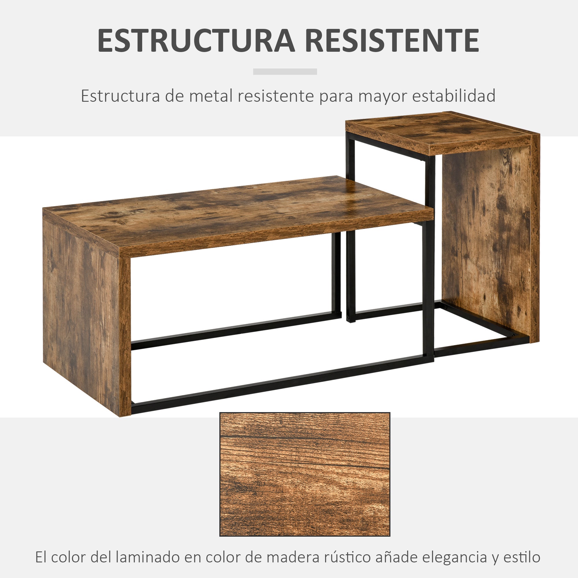 Set of 2 Coffee Tables with Metal Legs Industrial Style for Living Room Dining Room 90x48x42 cm and 59x42x36 cm Rustic Brown