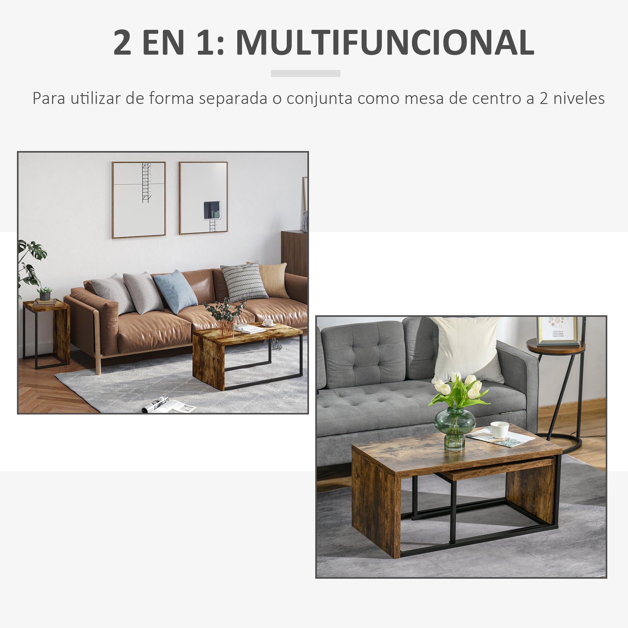 Set of 2 Coffee Tables with Metal Legs Industrial Style for Living Room Dining Room 90x48x42 cm and 59x42x36 cm Rustic Brown