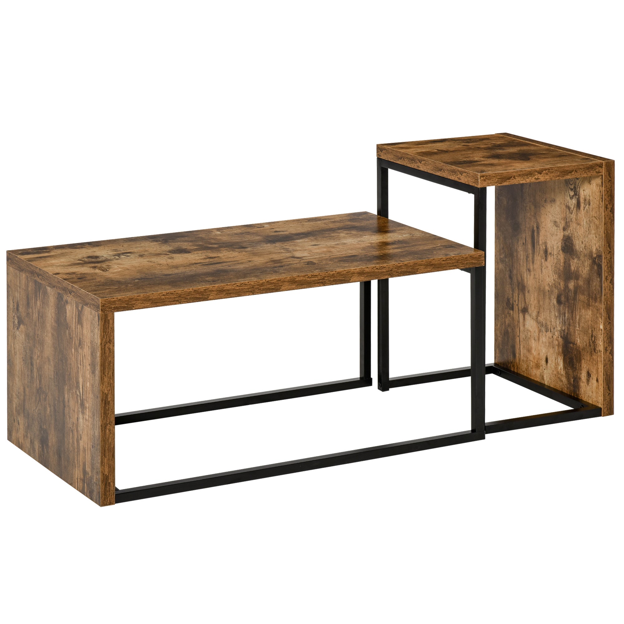 Set of 2 Coffee Tables with Metal Legs Industrial Style for Living Room Dining Room 90x48x42 cm and 59x42x36 cm Rustic Brown
