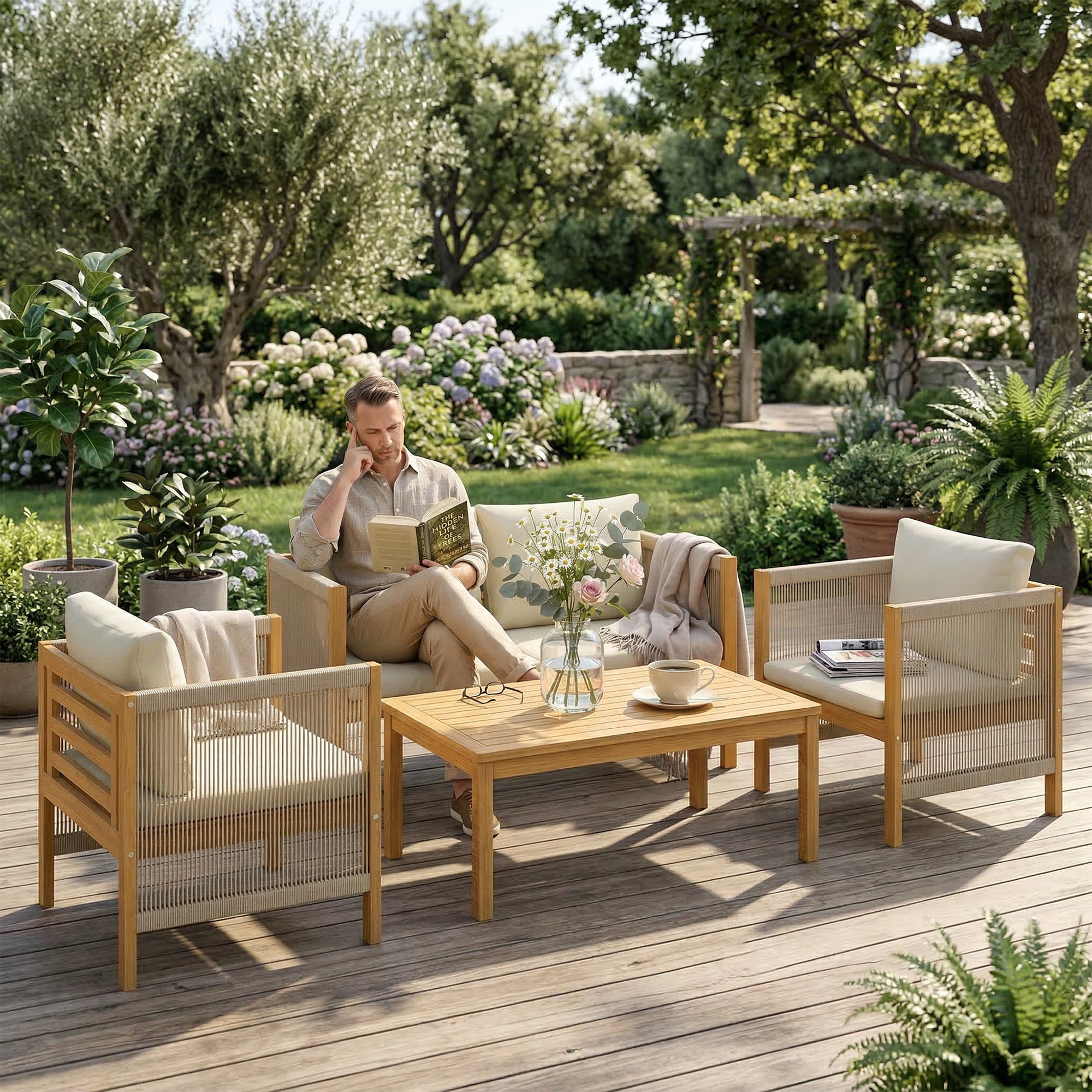 4-Piece Acacia Wood Outdoor Patio Set for 4 — 2-Seater Sofa, 2 Armchairs & Coffee Table, Rope-Weave Slat Design, Washable Cushions, Beige