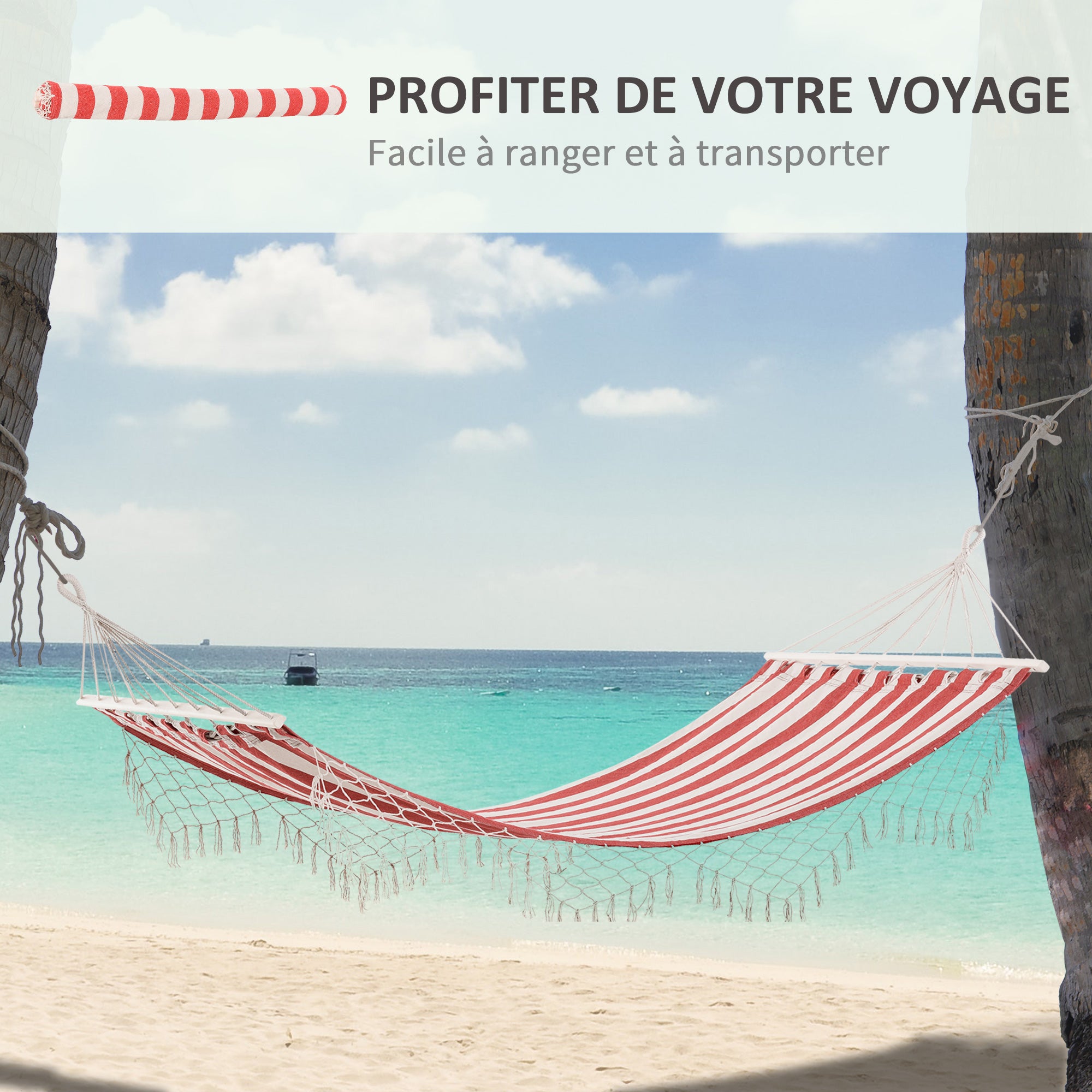 Portable Travel Hammock Hippie Chic Style Canvas 2L x 1W m Cotton Polyester Red Cream Striped