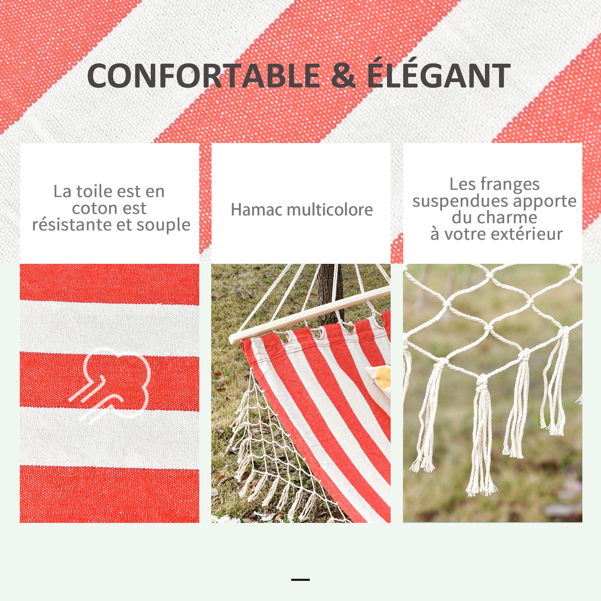 Portable Travel Hammock Hippie Chic Style Canvas 2L x 1W m Cotton Polyester Red Cream Striped