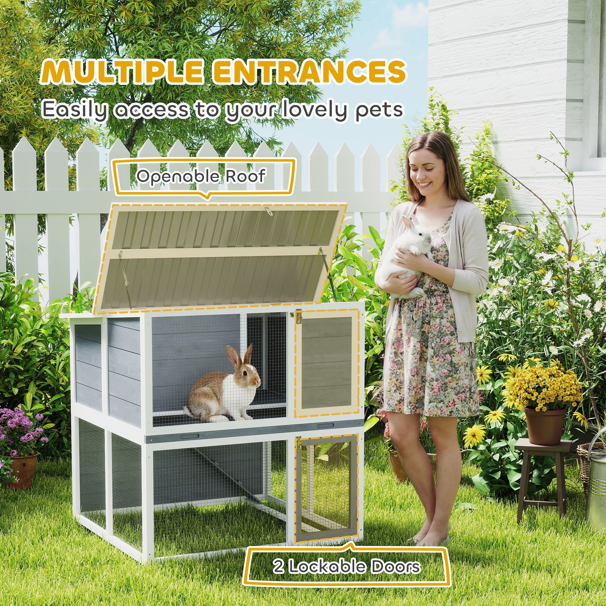 2-Tier Wooden Rabbit Hutch with Run, Weatherproof Roof, Ramp & Doors, 98 × 95 × 102.5 cm — Gray