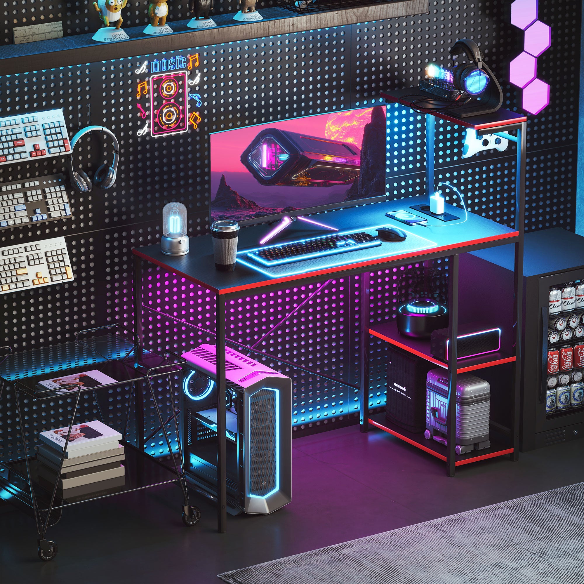 Gaming Desk with LED Lights 110x50 cm Carbon Fiber Gaming Desk with Power Outlets Shelves and Remote Control for Office Study Black