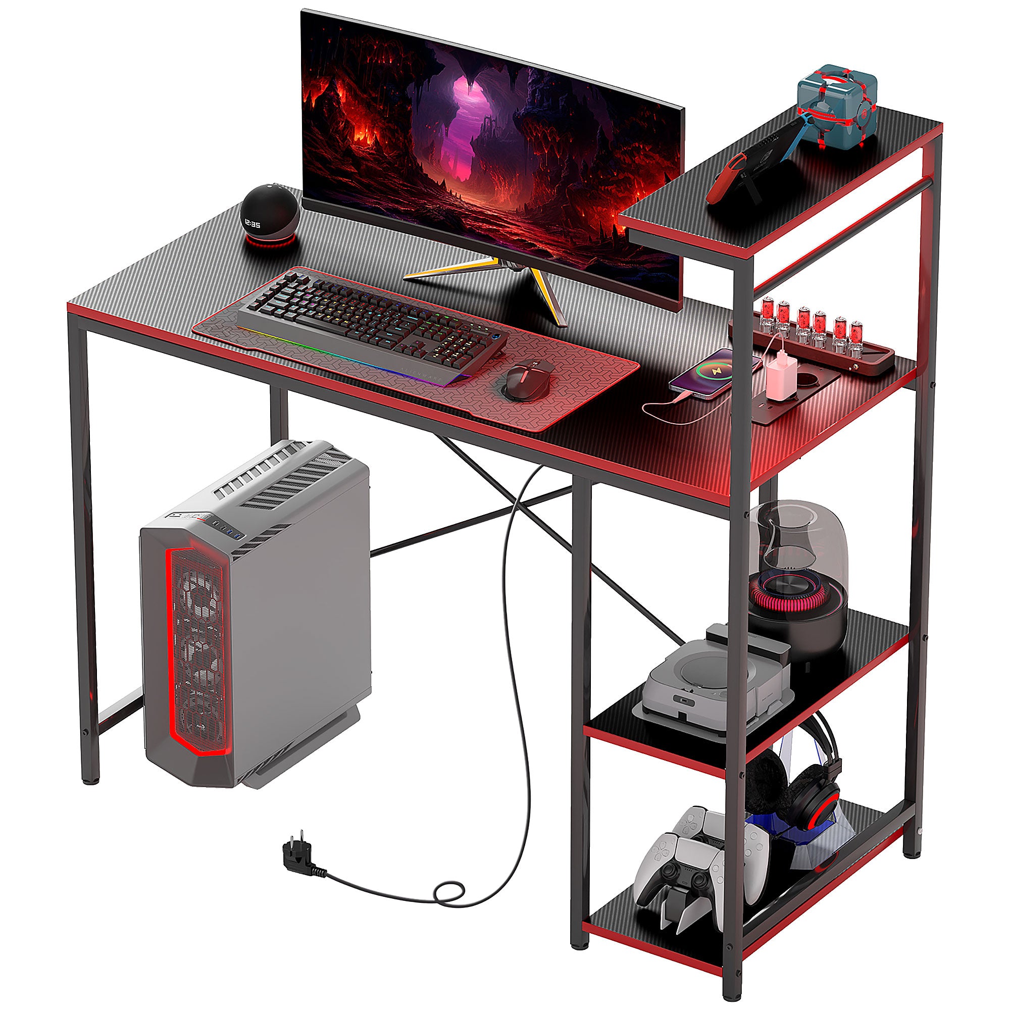 Gaming Desk with LED Lights 110x50 cm Carbon Fiber Gaming Desk with Power Outlets Shelves and Remote Control for Office Study Black