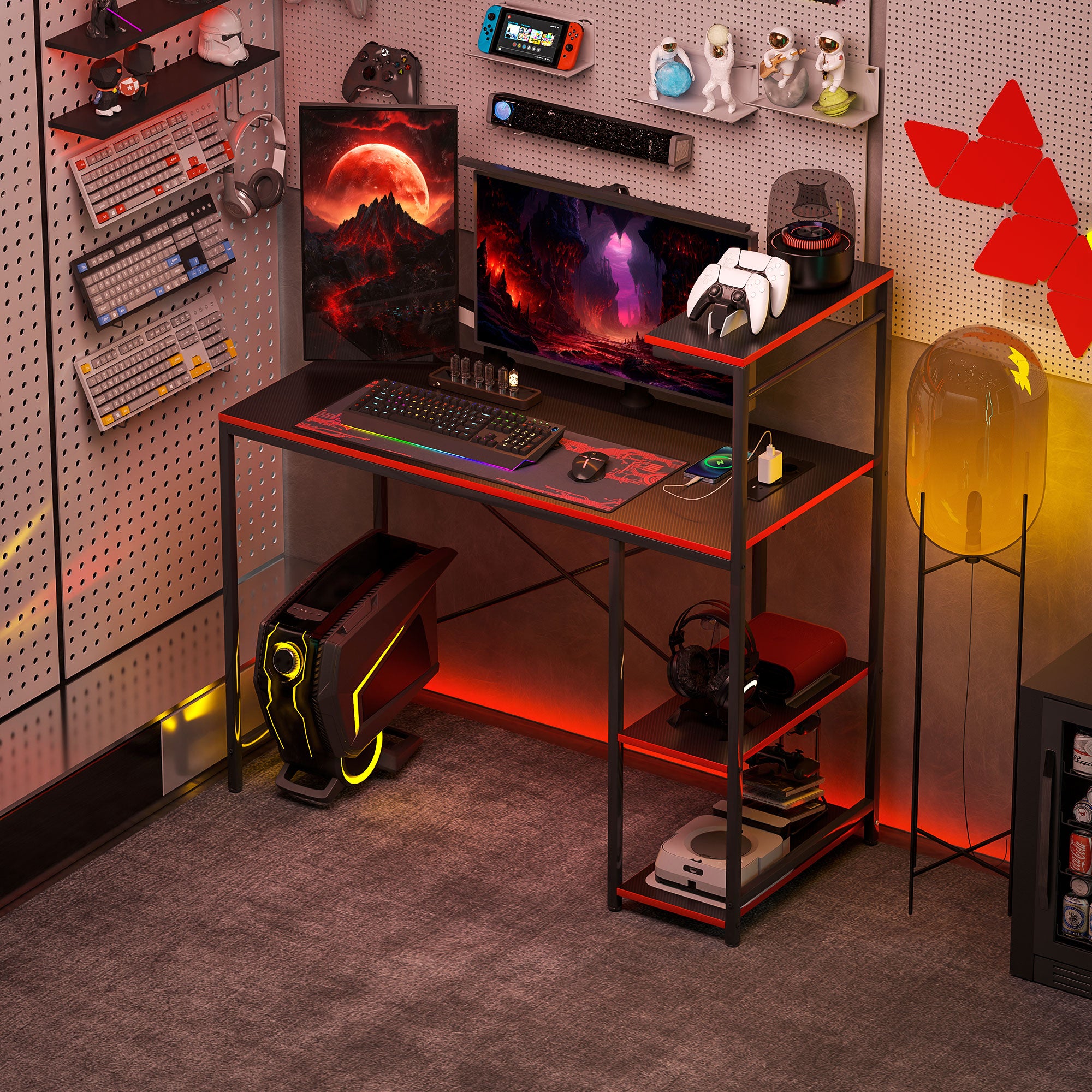 Gaming Desk with LED Lights 110x50 cm Carbon Fiber Gaming Desk with Power Outlets Shelves and Remote Control for Office Study Black