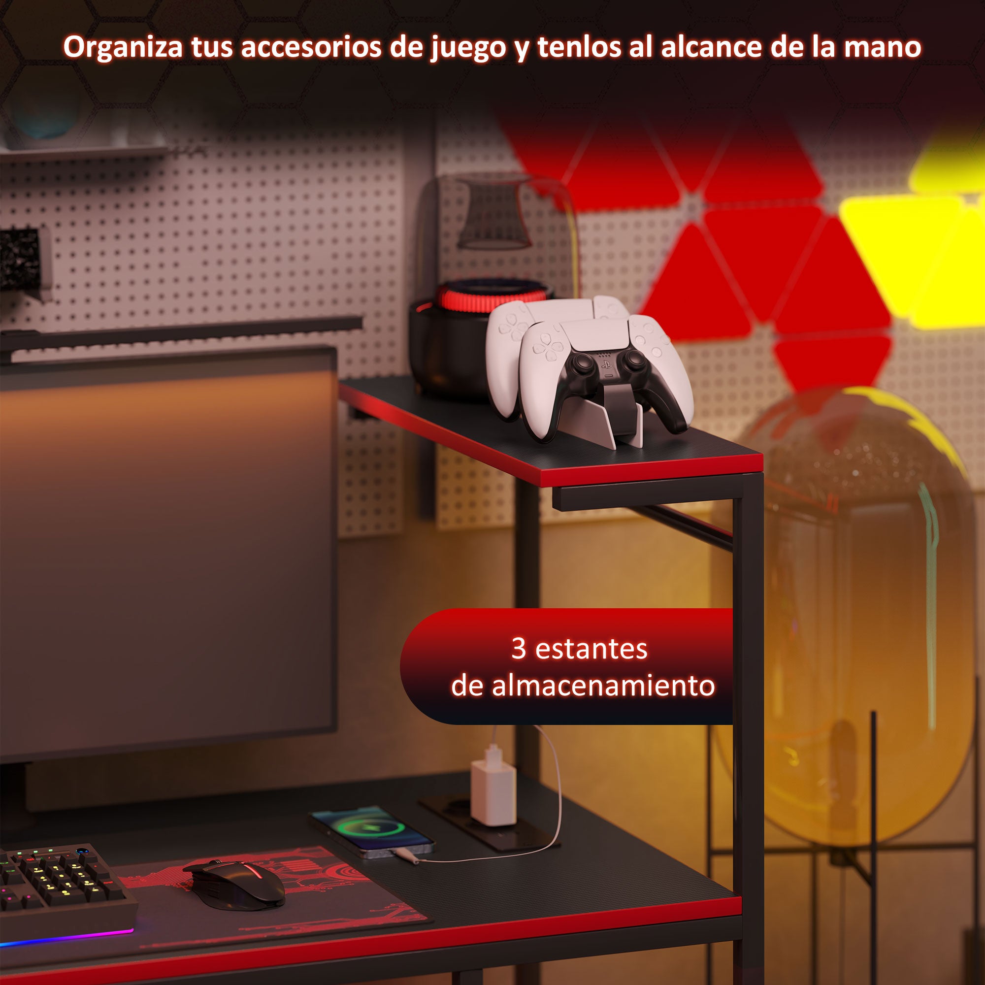 Gaming Desk with LED Lights 110x50 cm Carbon Fiber Gaming Desk with Power Outlets Shelves and Remote Control for Office Study Black