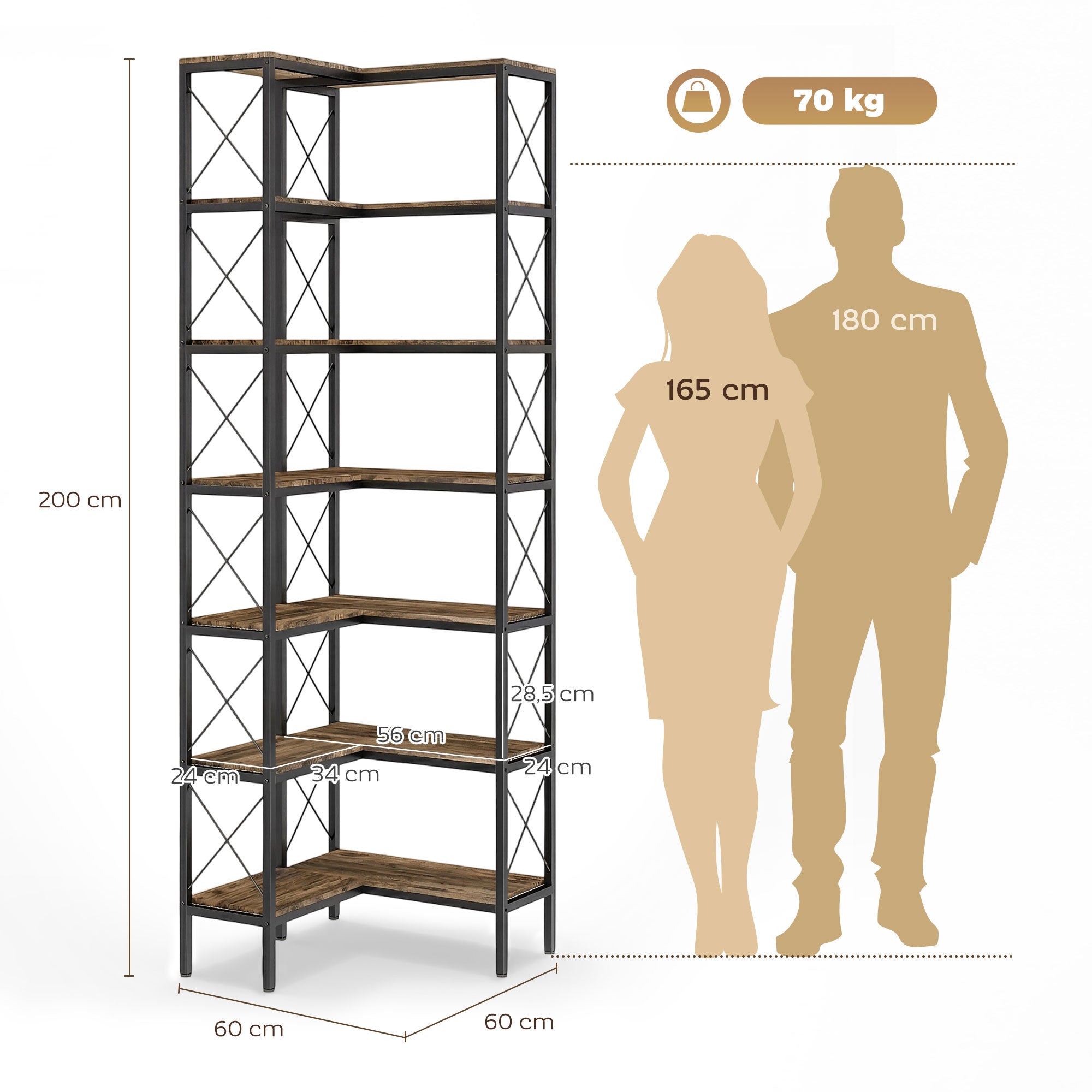 6-Tier L-Shaped Corner Bookshelf, Freestanding Metal Frame for Living Room, Office, Bedroom, 60 x 60 x 200 cm (23.6 x 23.6 x 78.7 in), Rustic Brown