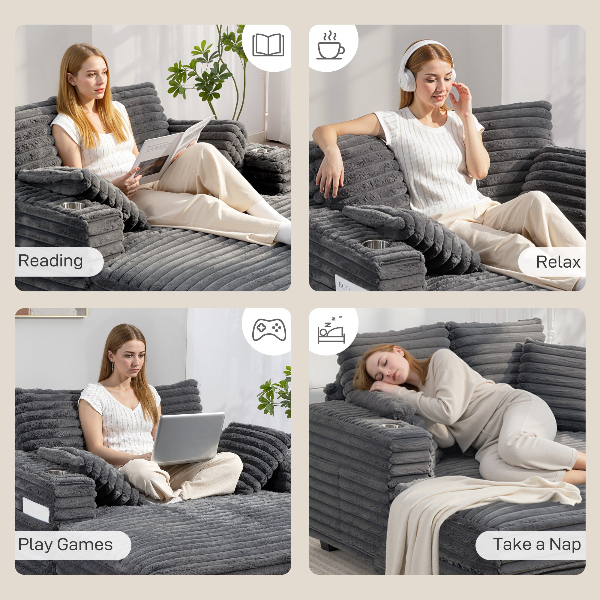 2-Seater Sofa Bed with Chaise, Gray Corduroy, Throw Pillows, Armrests & Cup Holders – 53" x 59"