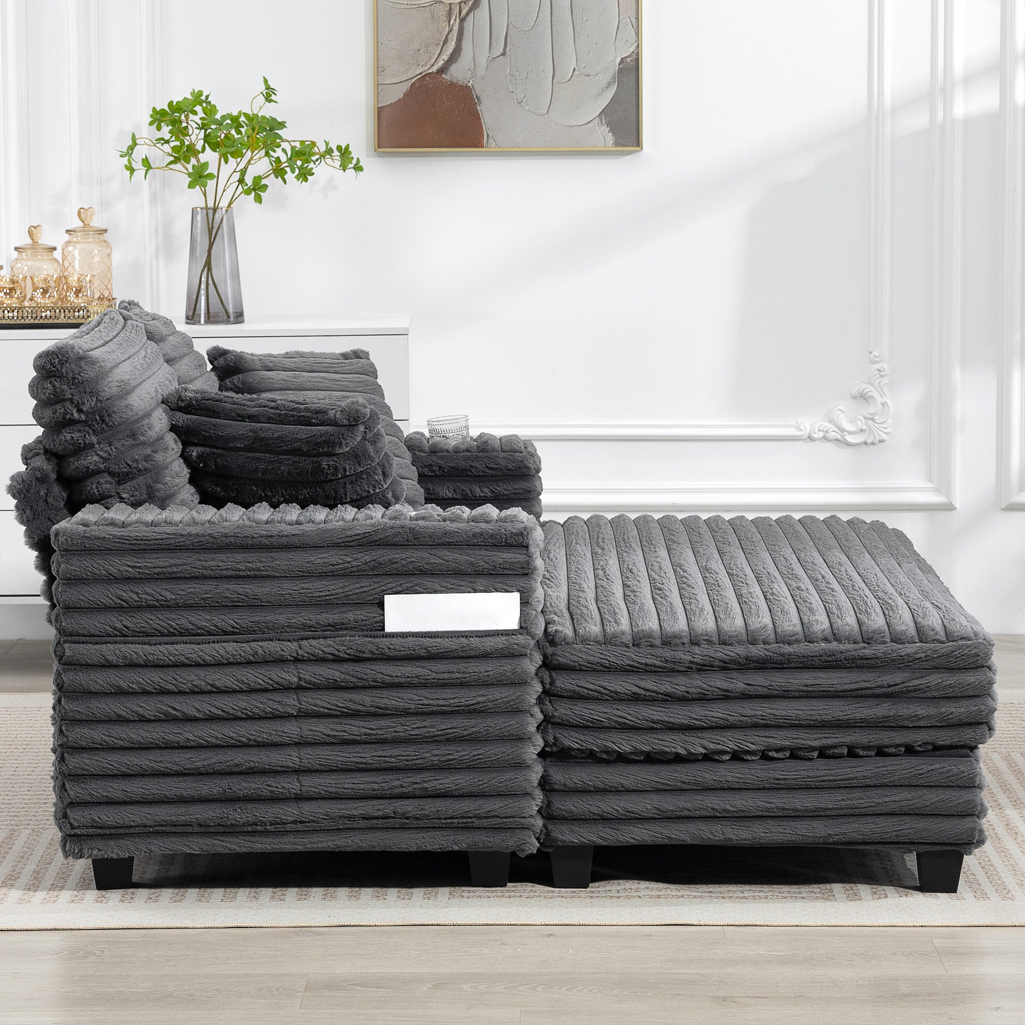 2-Seater Sofa Bed with Chaise, Gray Corduroy, Throw Pillows, Armrests & Cup Holders – 53" x 59"