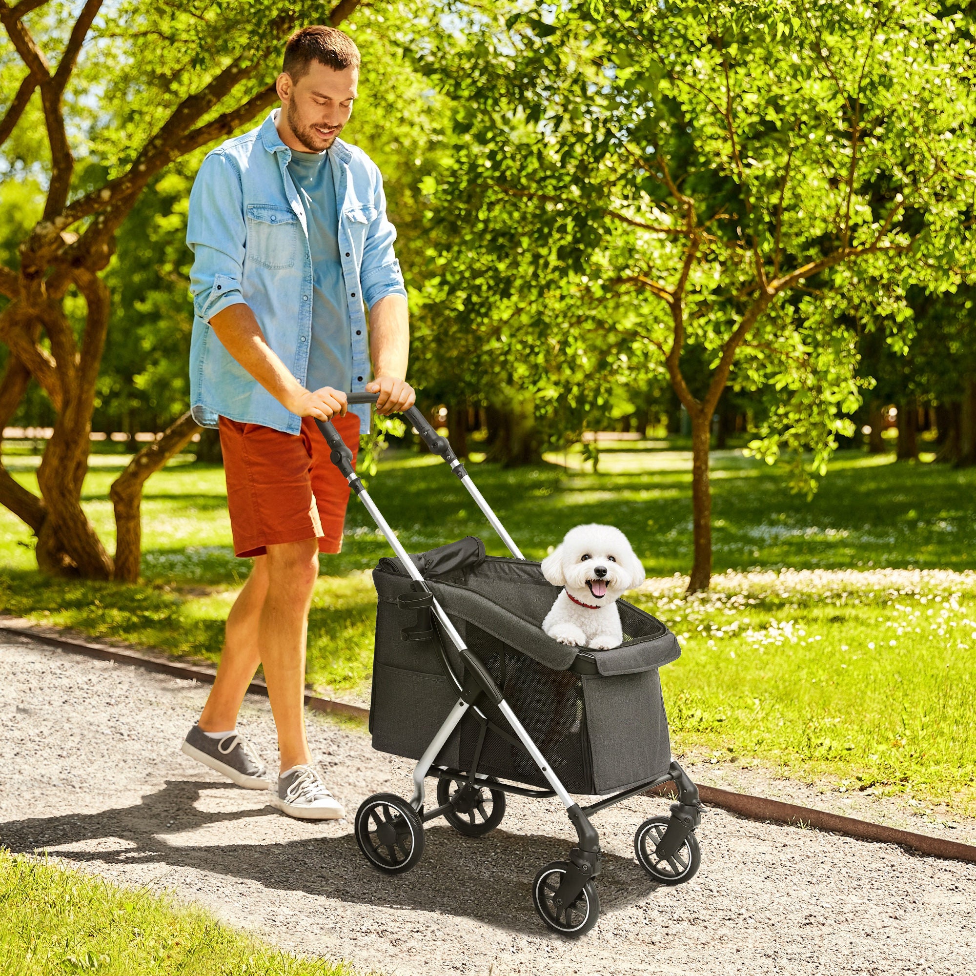 Dog Cart Light Dog Buggy Made of Aluminum Foldable for Dogs & Cats Cat Buggy with Cushion Mesh Windows Doors Storage Basket Cat Carriage Buggy Gray
