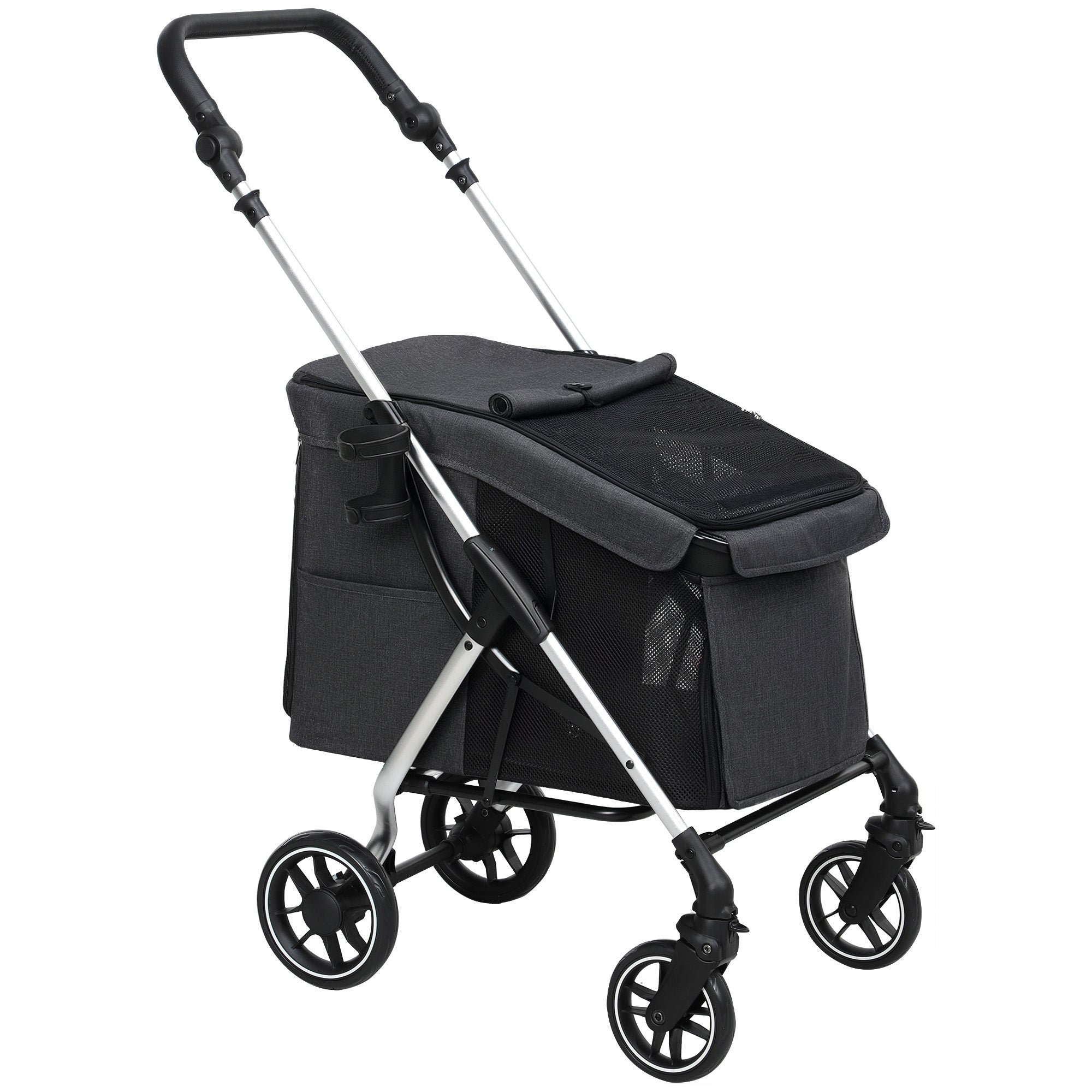 Dog Cart Light Dog Buggy Made of Aluminum Foldable for Dogs & Cats Cat Buggy with Cushion Mesh Windows Doors Storage Basket Cat Carriage Buggy Gray