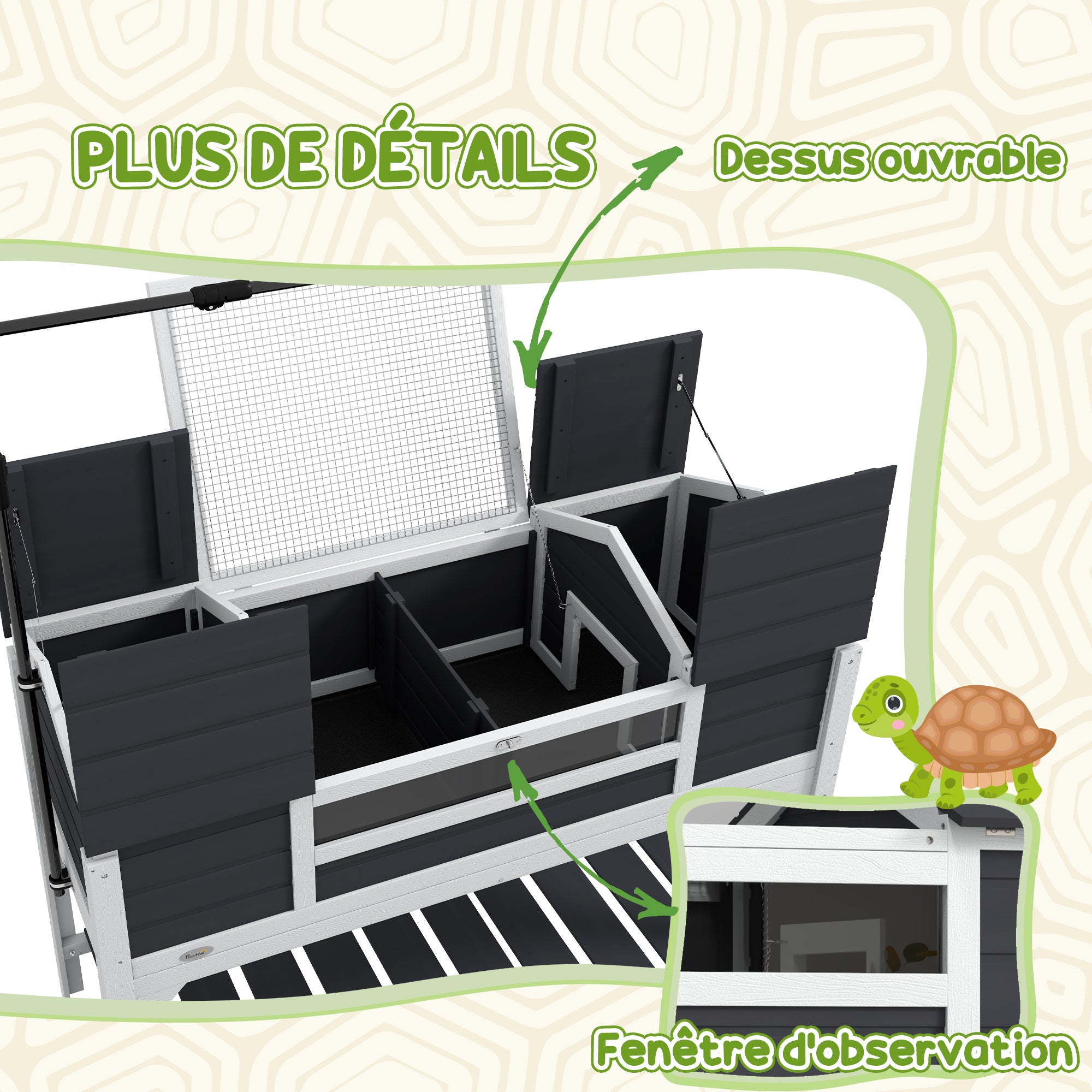 Outdoor Land Turtle House, Wooden Turtle Enclosure, 2 Hideaways, Adjustable Lamp Stand, Openable Roof, Earth Turtle Cage, Transparent Acrylic Window, Gray